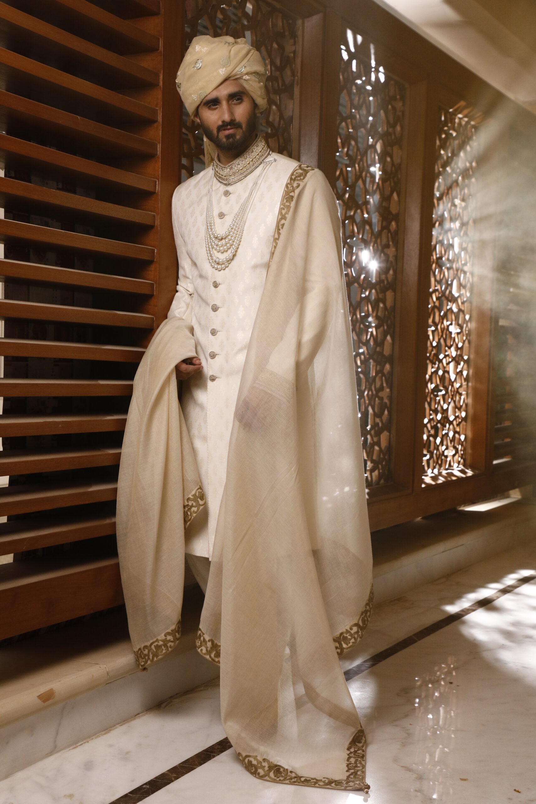 Ivory Silk-Blend Sherwani Set (4-Piece) - Image 1