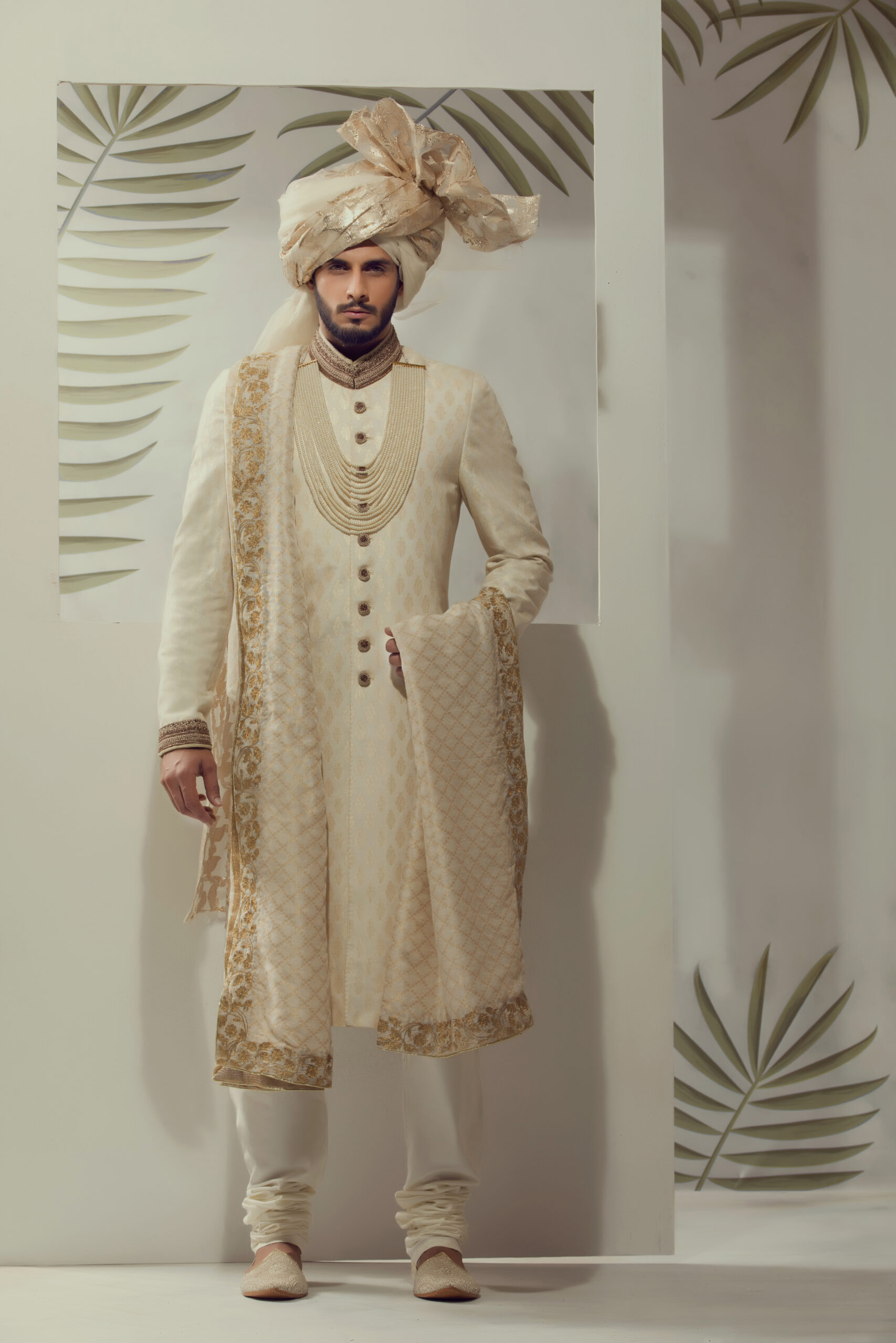Off-White Embroidered Silk-Blend Groom Sherwani (4-Piece) - Image 1