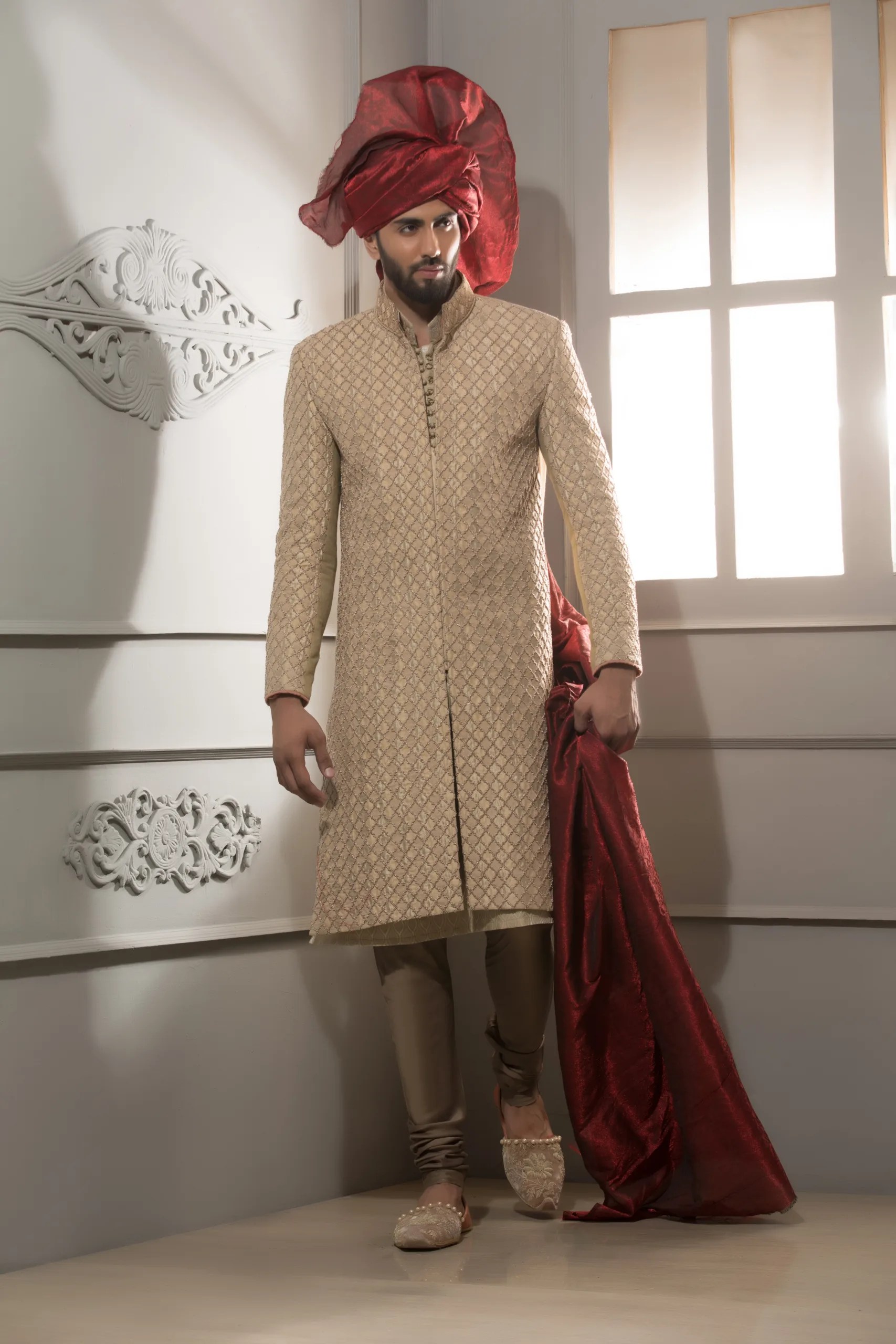 Ivory Quilted Embroidered Silk-Blend Sherwani (3-Piece) - Image 1