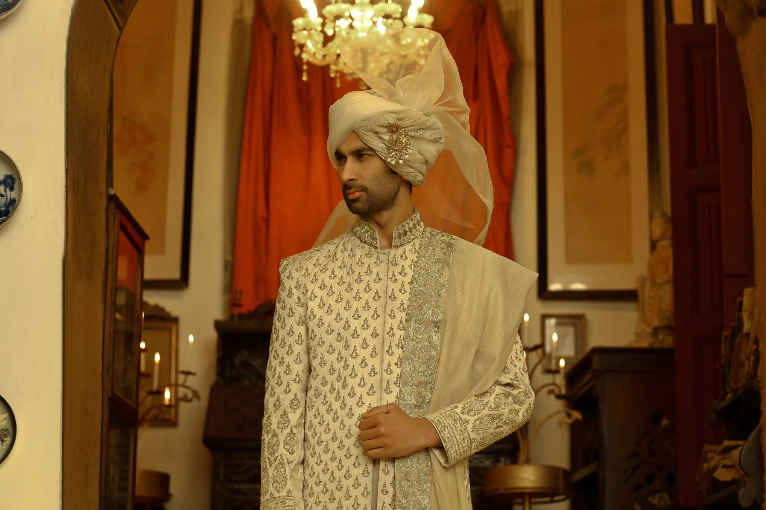 Ivory Embroidered Silk-Blend Sherwani (4-Piece) - Image 1