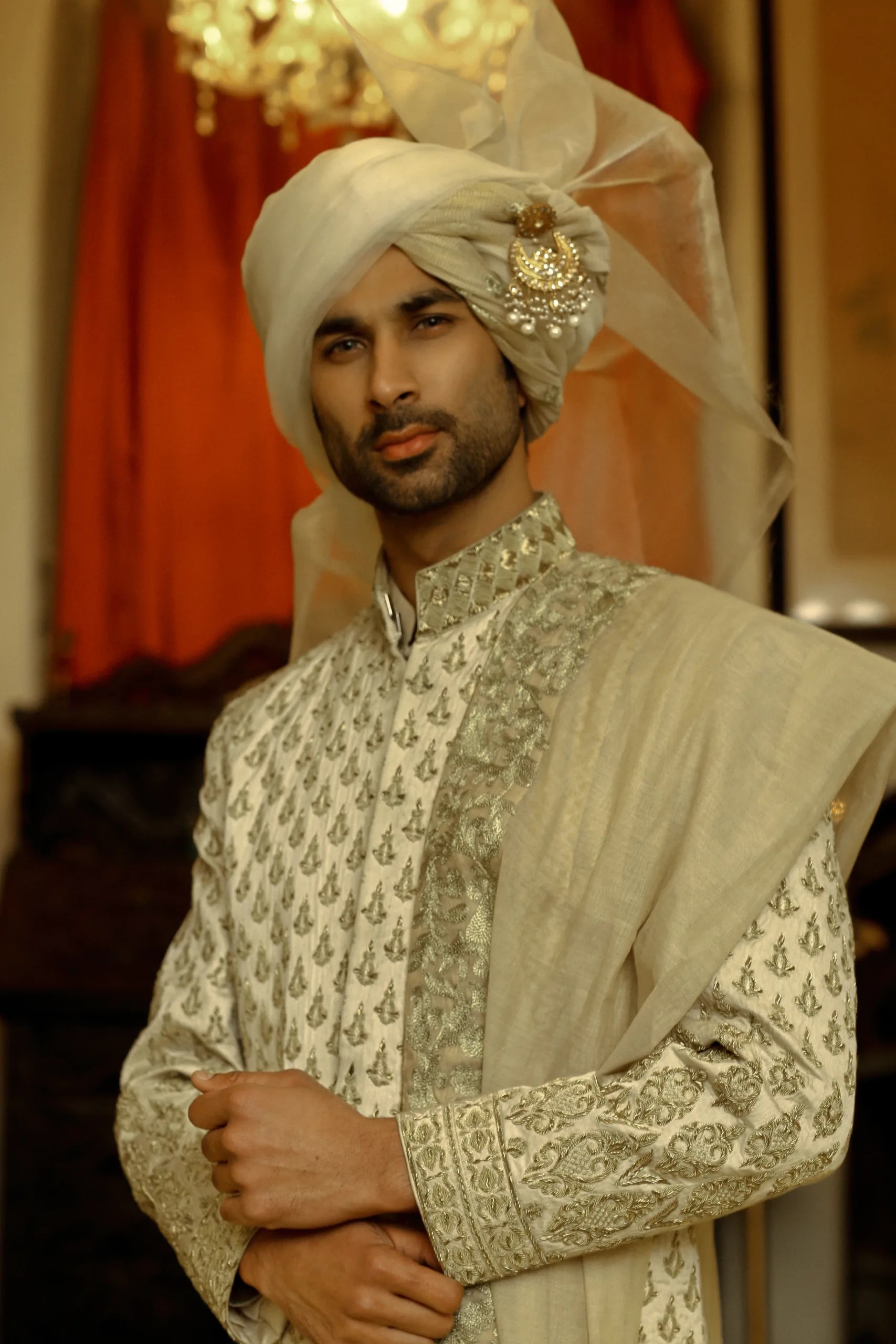 Ivory Embroidered Silk-Blend Sherwani (4-Piece) - Image 2