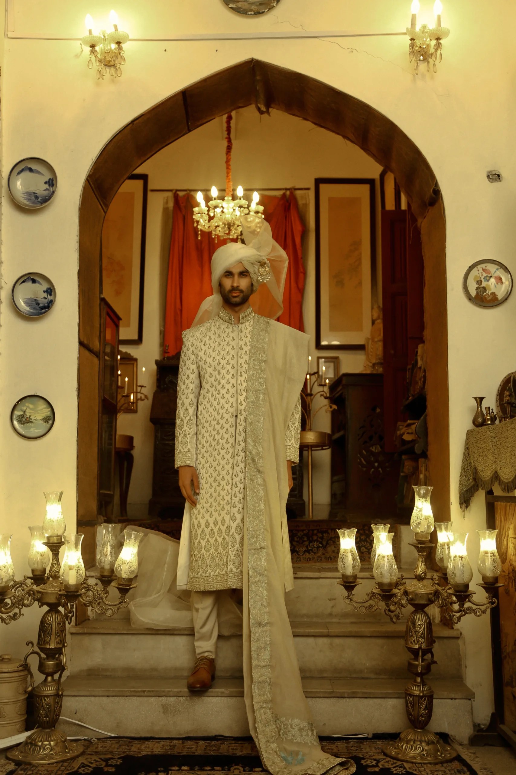 Ivory Embroidered Silk-Blend Sherwani (4-Piece) - Image 3