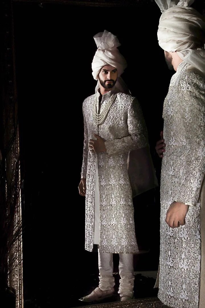 Ivory Embroidered Silk-Blend Sherwani (2-Piece) - Image 2