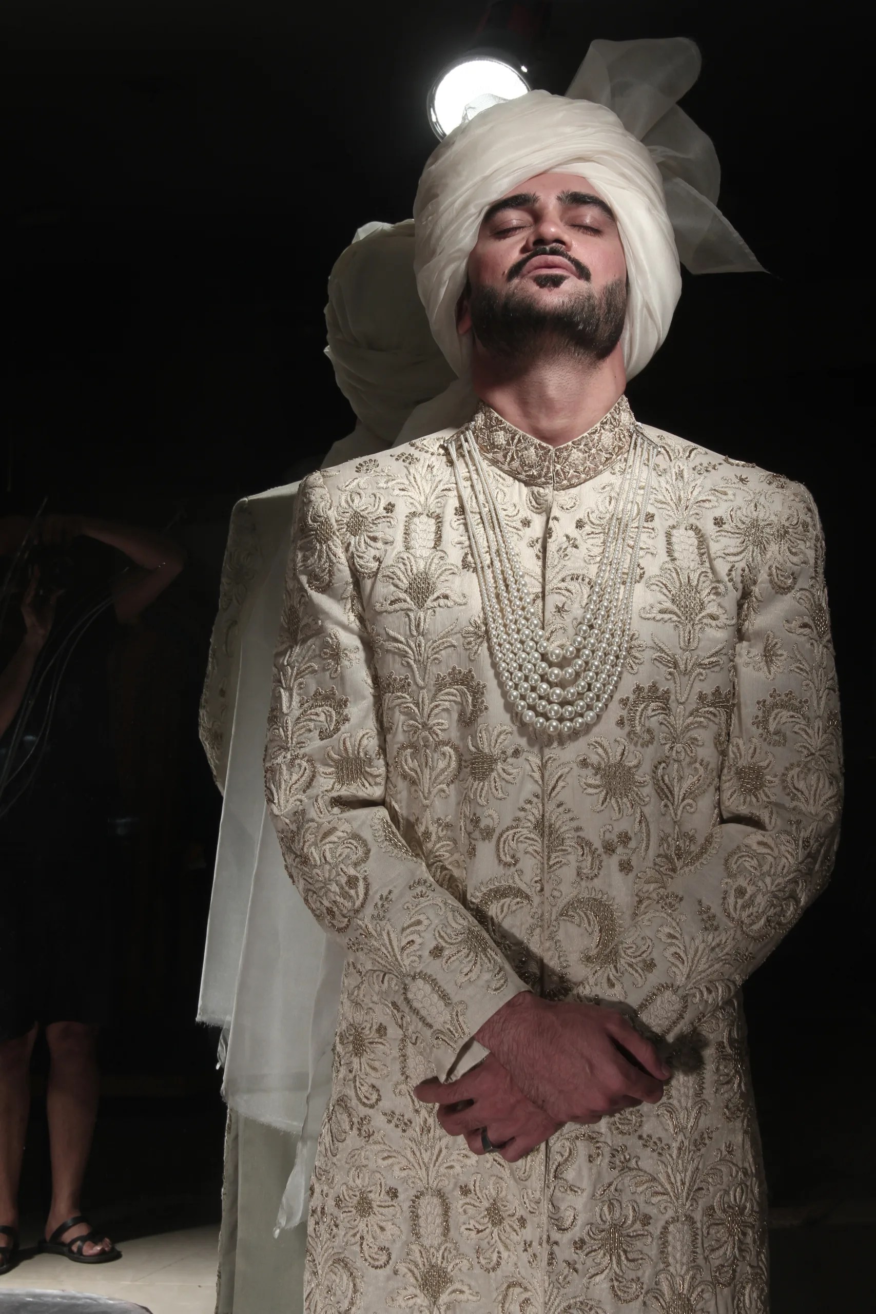 Ivory Gold Threadwork Silk-Blend Groom Sherwani (2-Piece) - Image 1