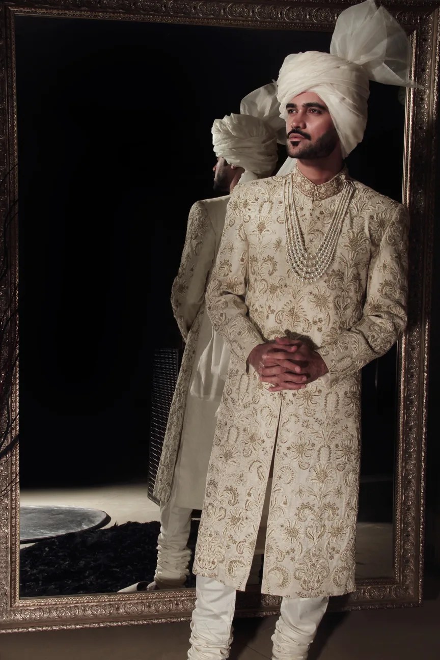 Ivory Gold Threadwork Silk-Blend Groom Sherwani (2-Piece) - Image 2