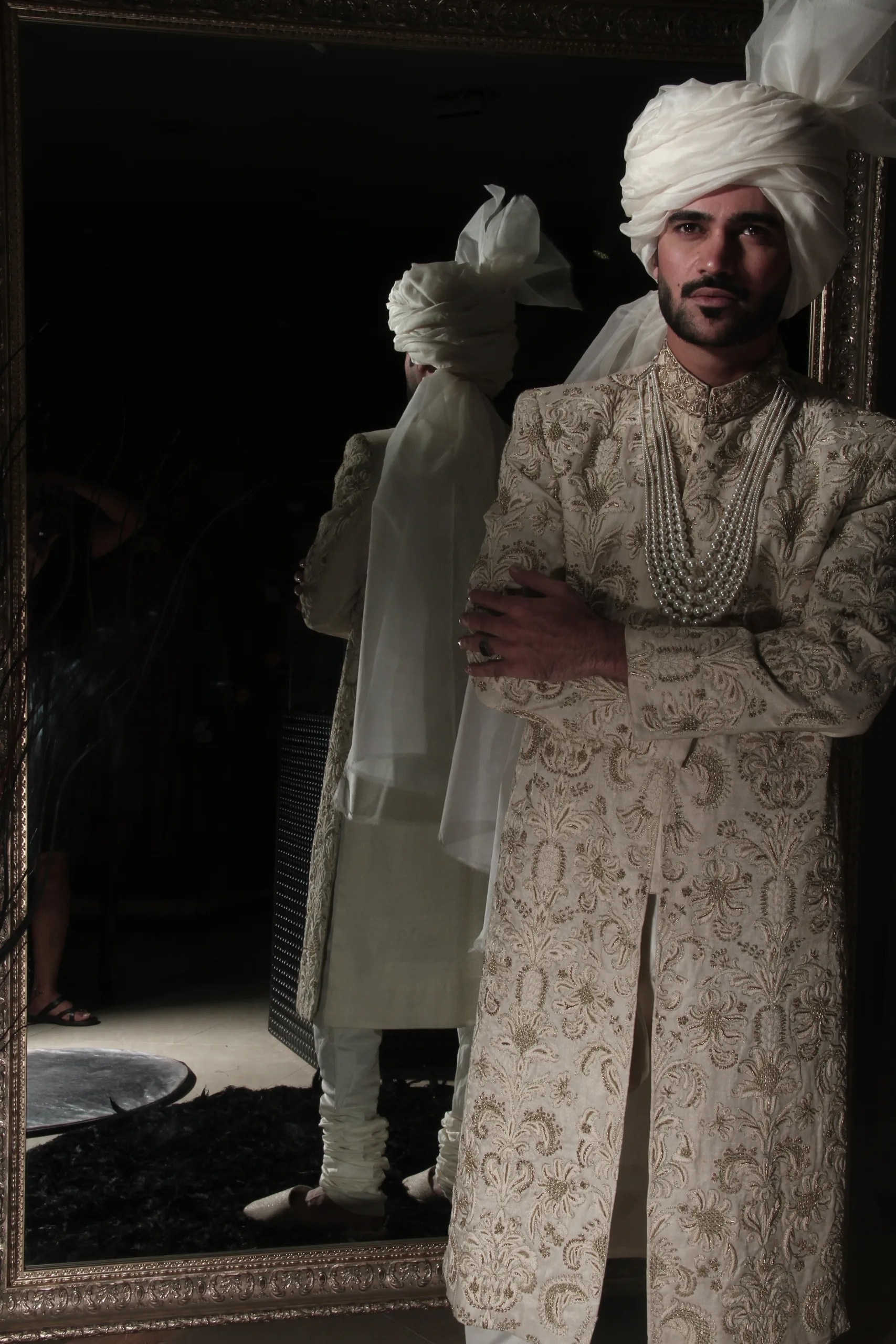 Ivory Gold Threadwork Silk-Blend Groom Sherwani (2-Piece) - Image 3