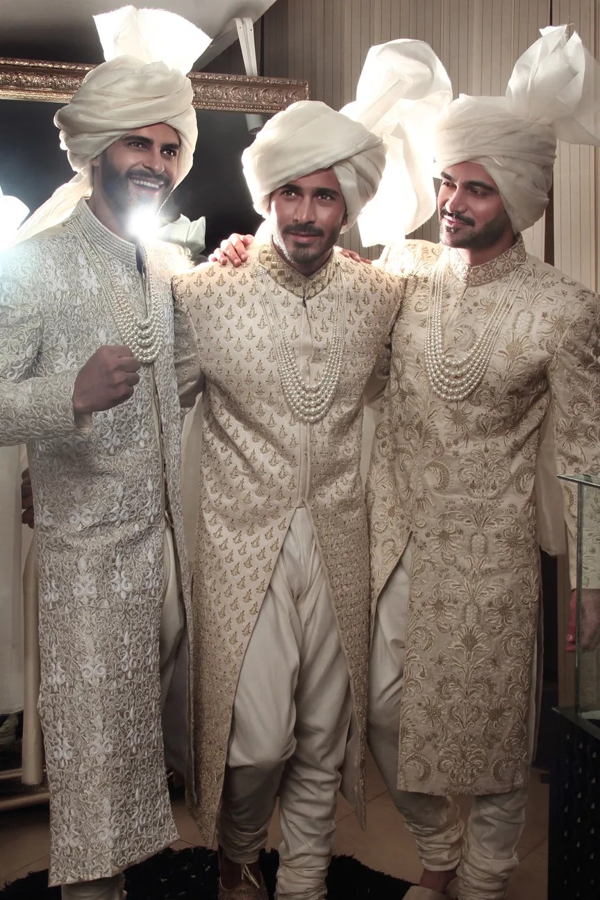 Ivory Gold Threadwork Silk-Blend Groom Sherwani (2-Piece) - Image 4