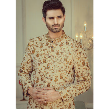 Ivory Gold Embroidered Silk-Blend Sherwani (3-Piece) - Image 1