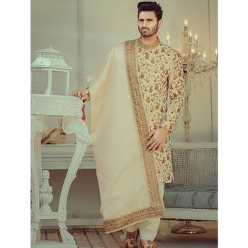 Ivory Gold Embroidered Silk-Blend Sherwani (3-Piece) - Image 2