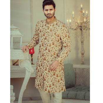 Ivory Gold Embroidered Silk-Blend Sherwani (3-Piece) - Image 3