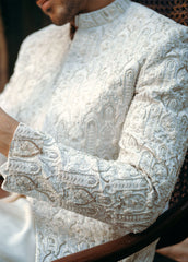 Ivory Hand-Embellished Silk-Blend Sherwani (3-Piece) - Image 4