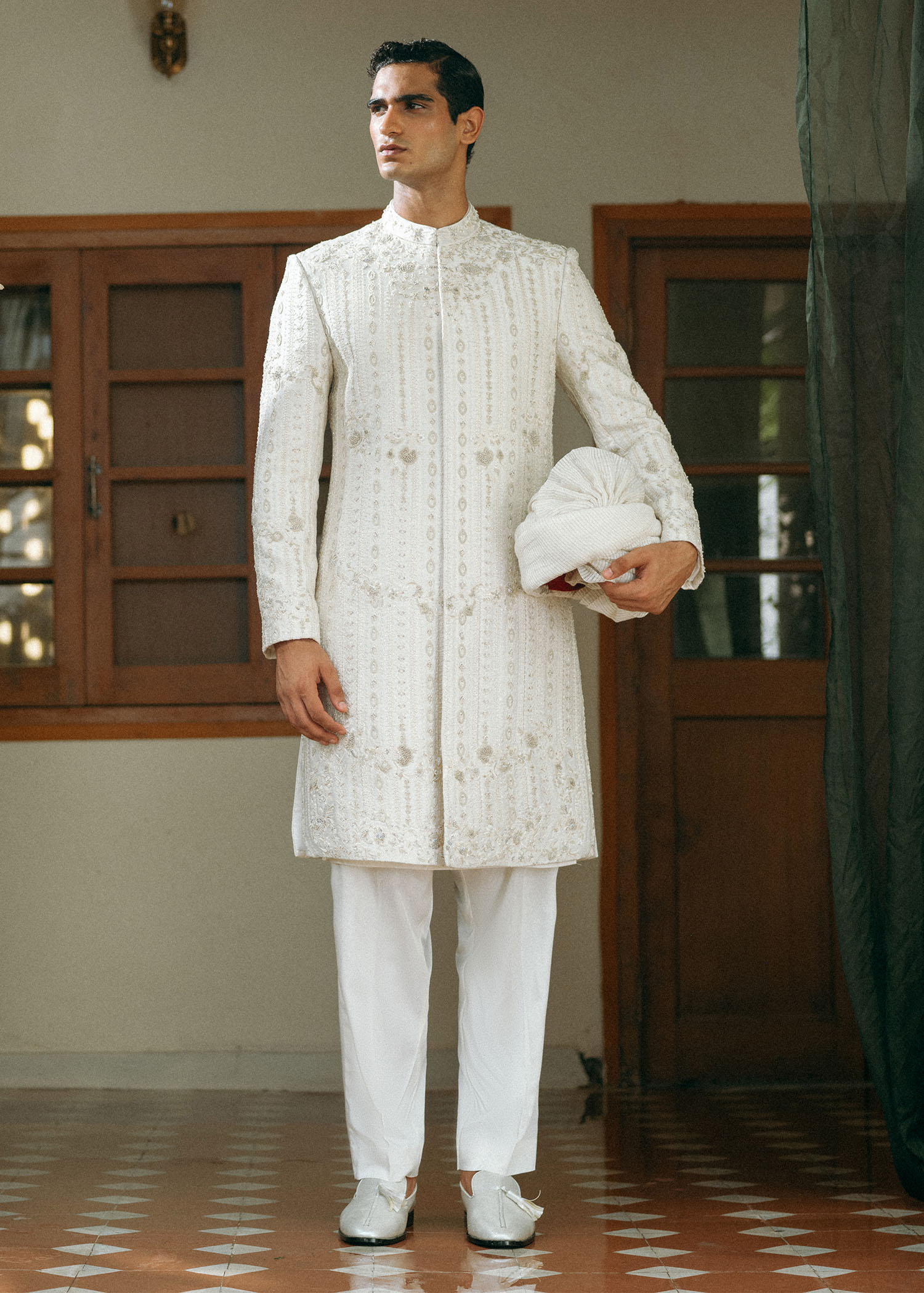 Ivory Hand-Embellished Silk-Blend Sherwani (3-Piece) - Image 1