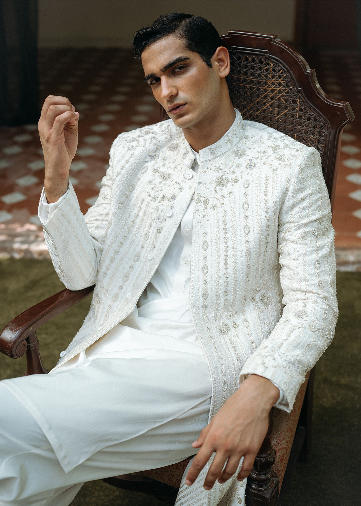 Ivory Hand-Embellished Silk-Blend Sherwani (3-Piece) - Image 2