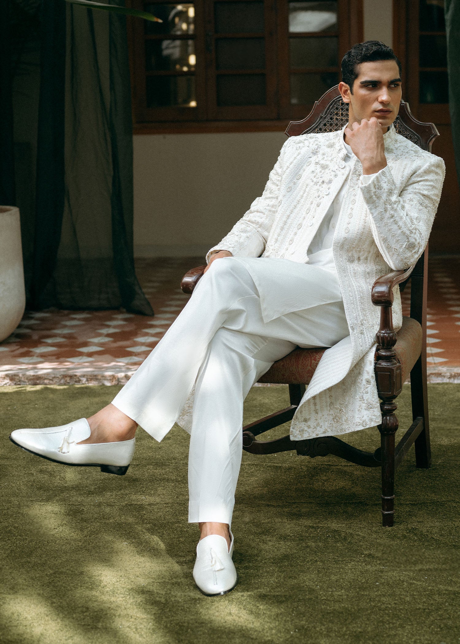 Ivory Hand-Embellished Silk-Blend Sherwani (3-Piece) - Image 3