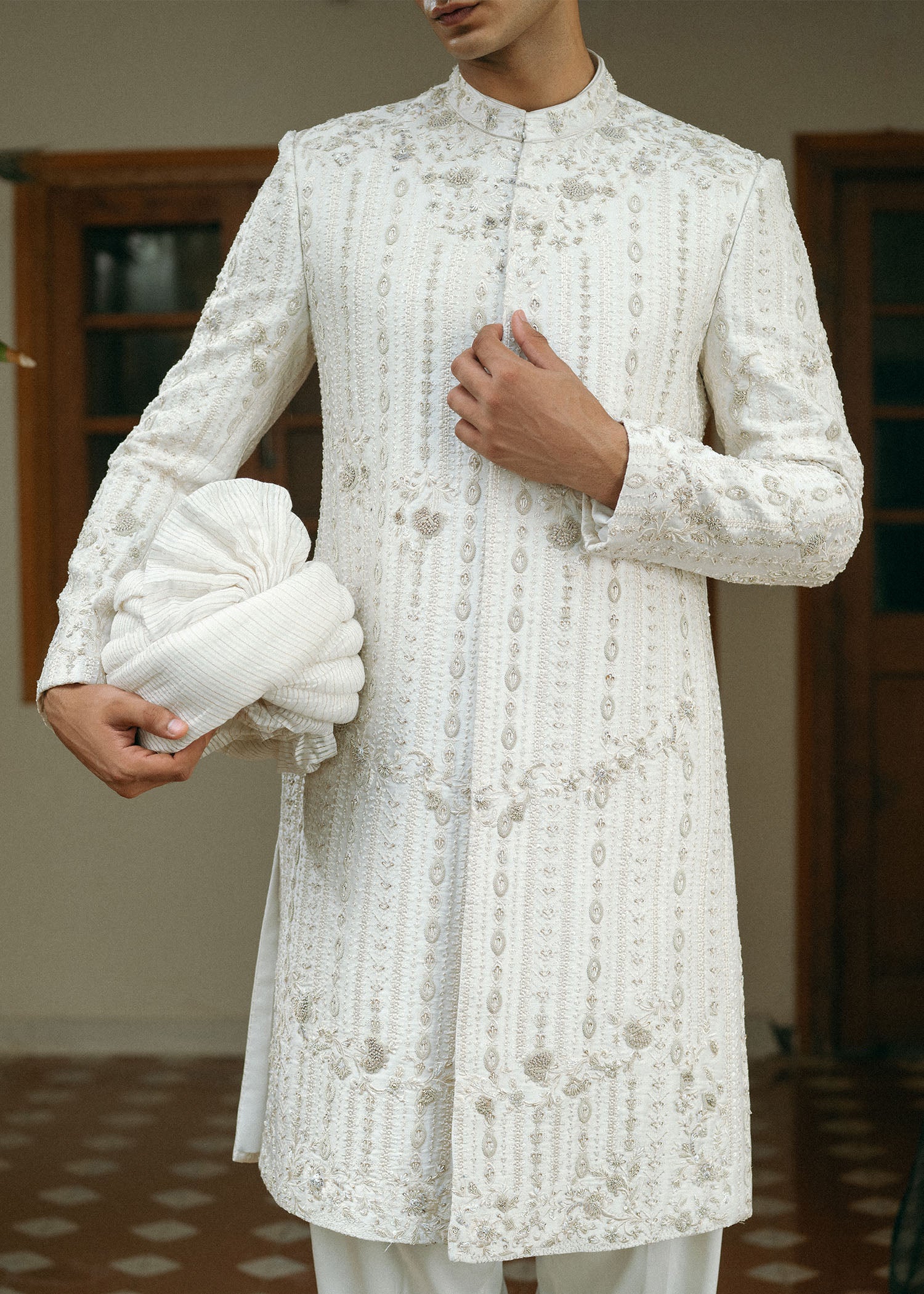 Ivory Hand-Embellished Silk-Blend Sherwani (3-Piece) - Image 4