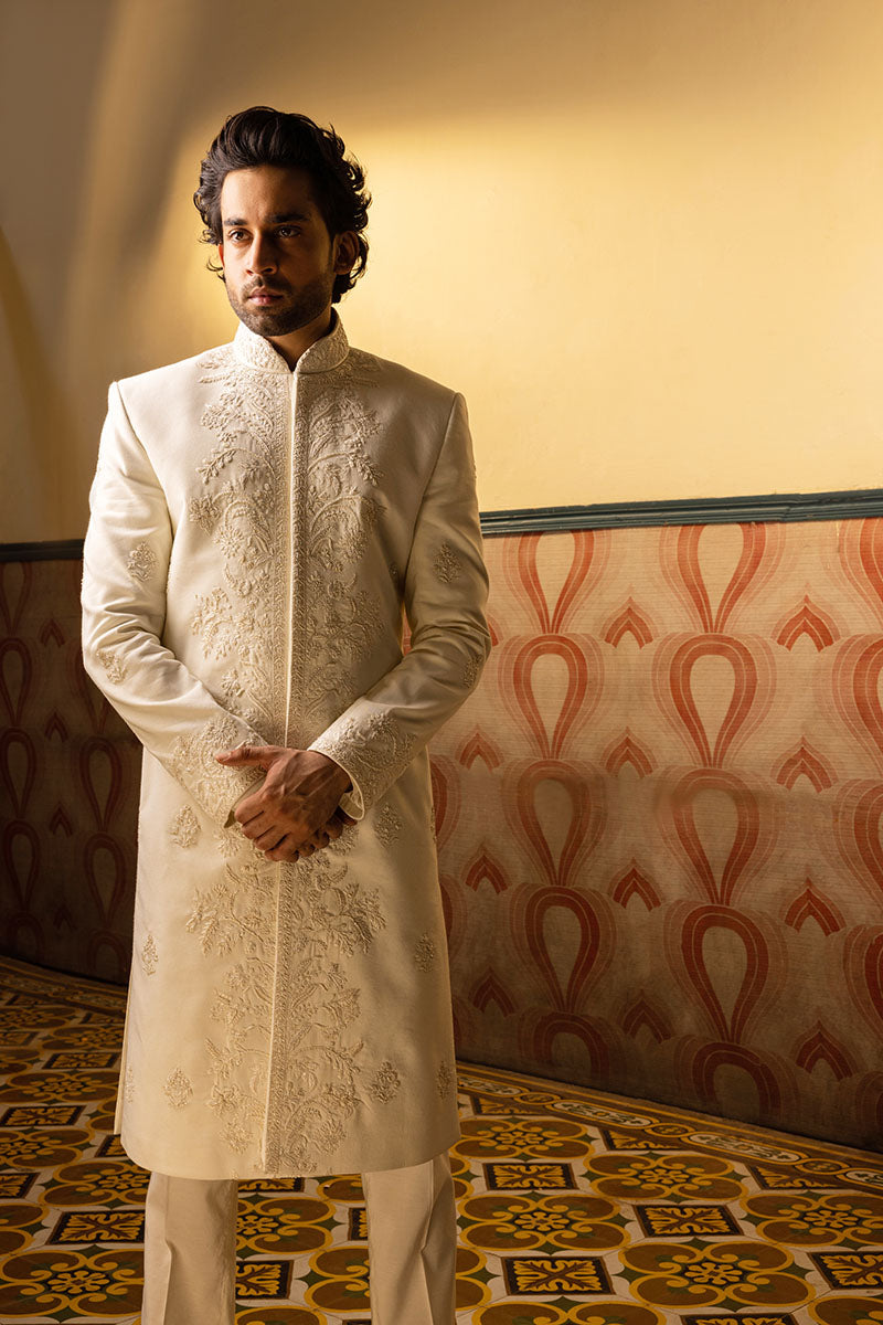 Ivory Hand-Embroidered Silk-Blend Sherwani (2-Piece) - Image 1