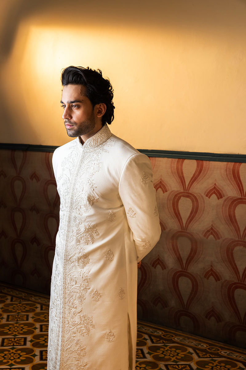Ivory Hand-Embroidered Silk-Blend Sherwani (2-Piece) - Image 3