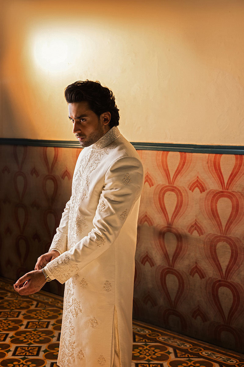 Ivory Hand-Embroidered Silk-Blend Sherwani (2-Piece) - Image 4