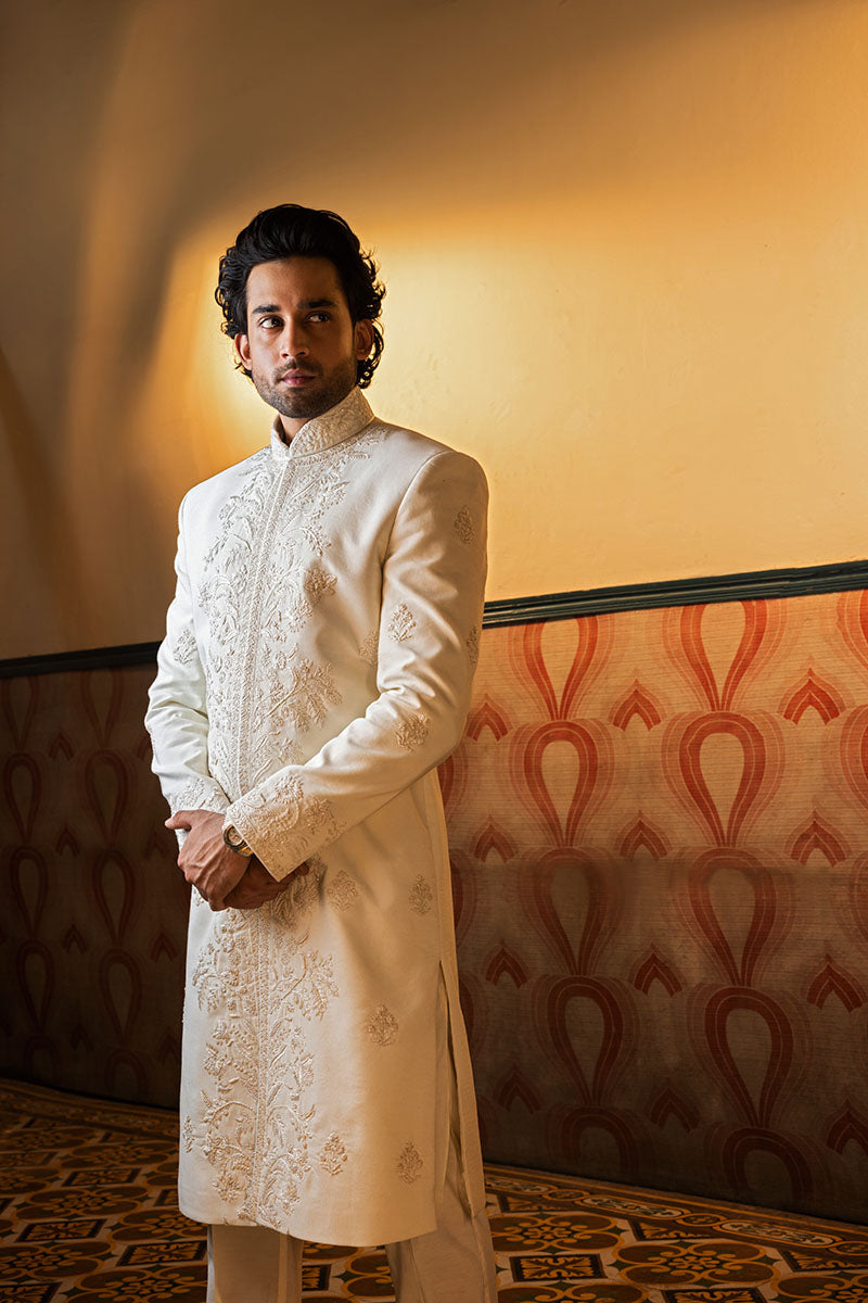 Ivory Hand-Embroidered Silk-Blend Sherwani (2-Piece) - Image 5