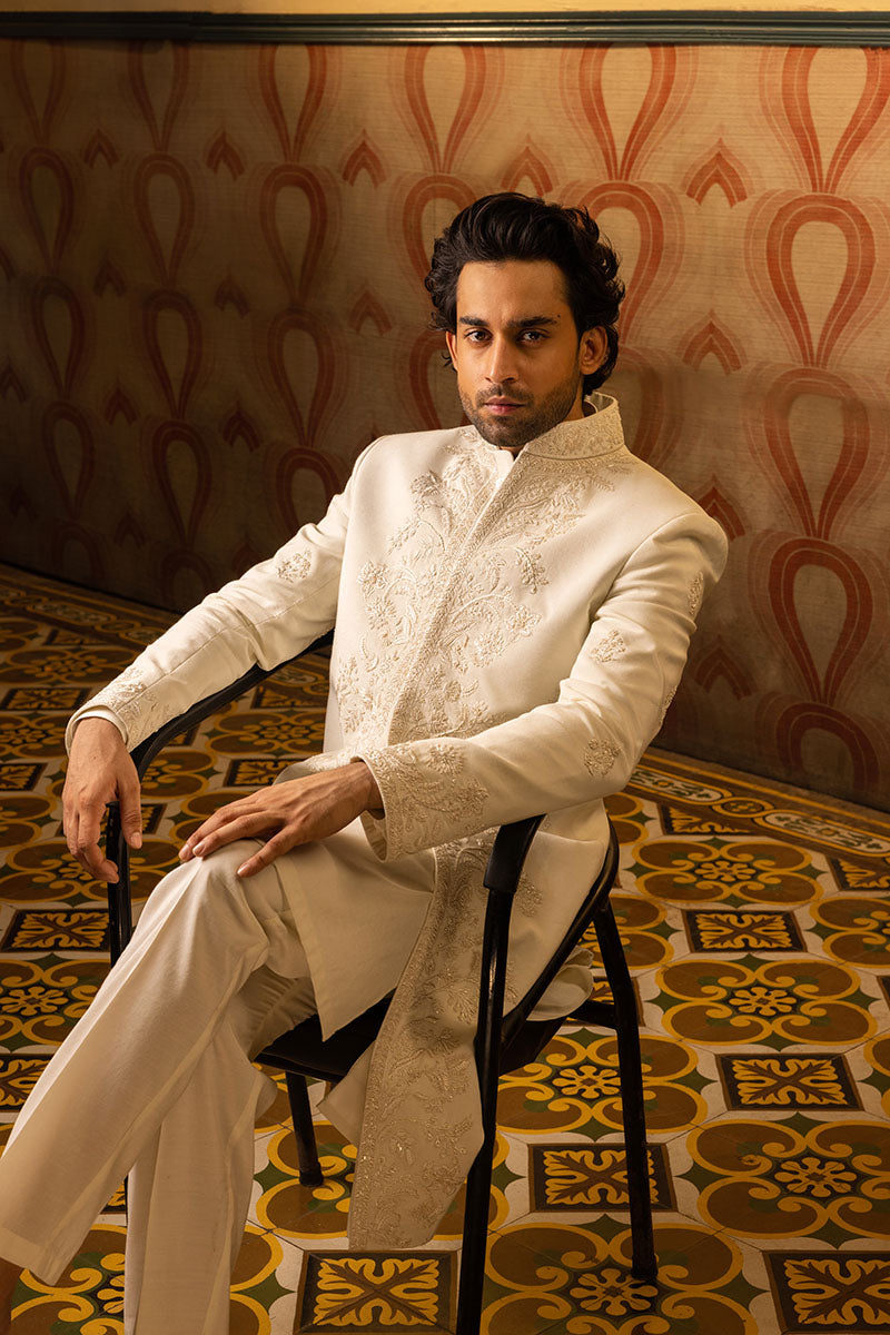 Ivory Hand-Embroidered Silk-Blend Sherwani (2-Piece) - Image 6