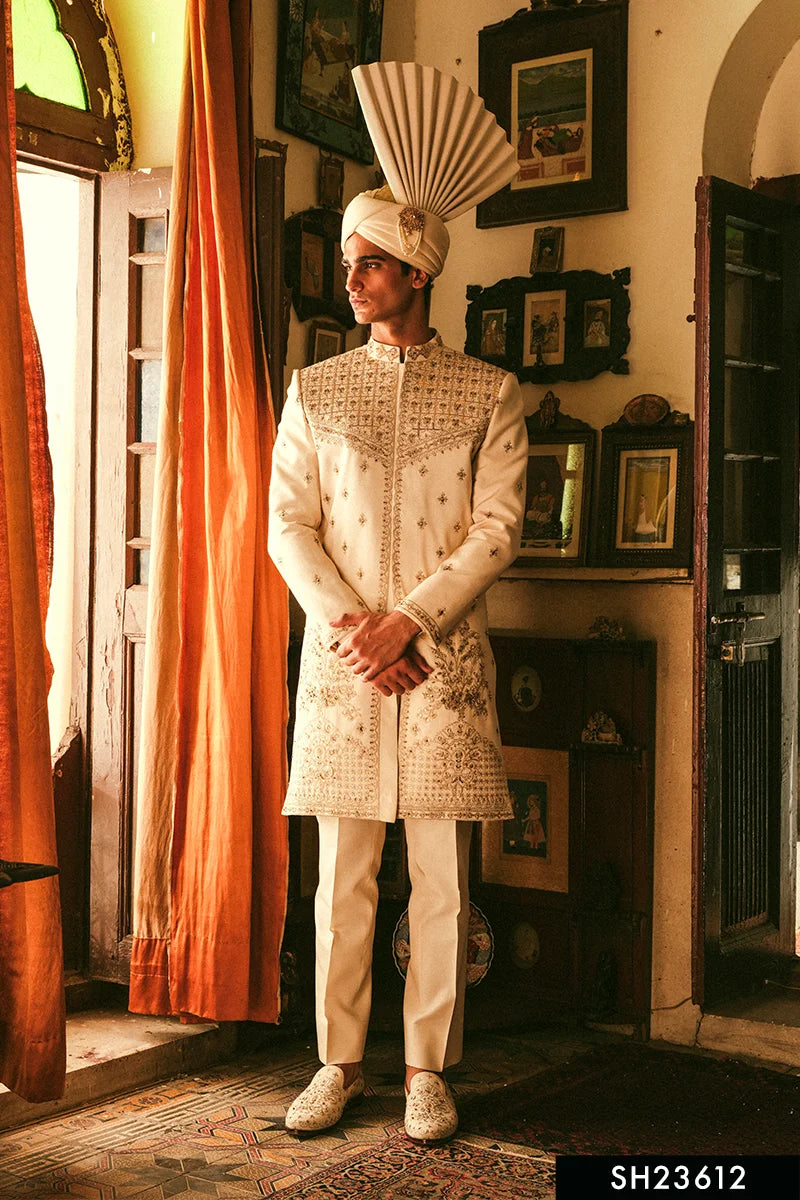 Off-White Embroidered Silk-Blend Sherwani (4-Piece) - Image 1