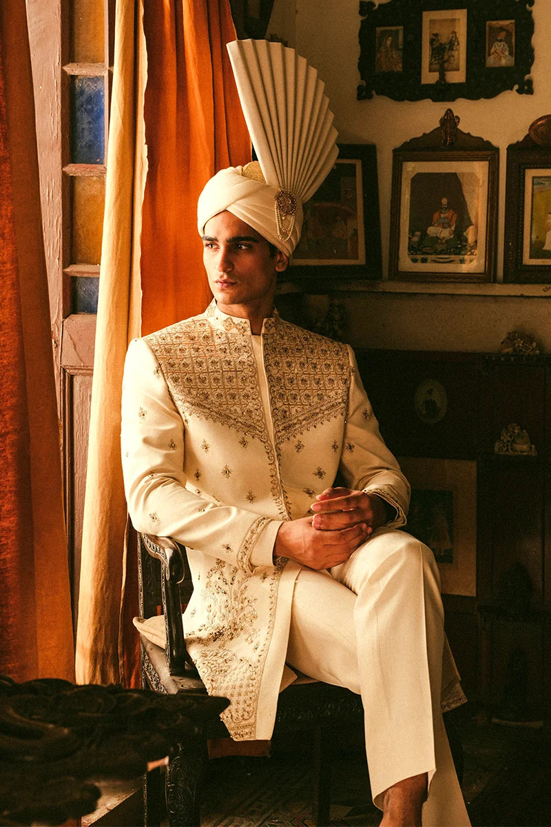 Off-White Embroidered Silk-Blend Sherwani (4-Piece) - Image 3