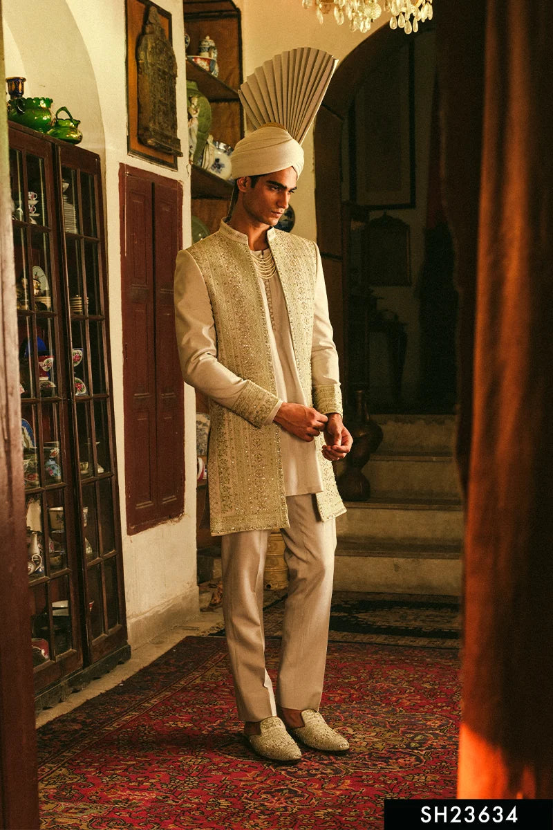 Off-White Embellished Silk-Blend Groom Sherwani (4-Piece) - Image 1