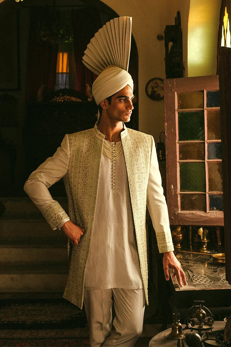 Off-White Embellished Silk-Blend Groom Sherwani (4-Piece) - Image 2