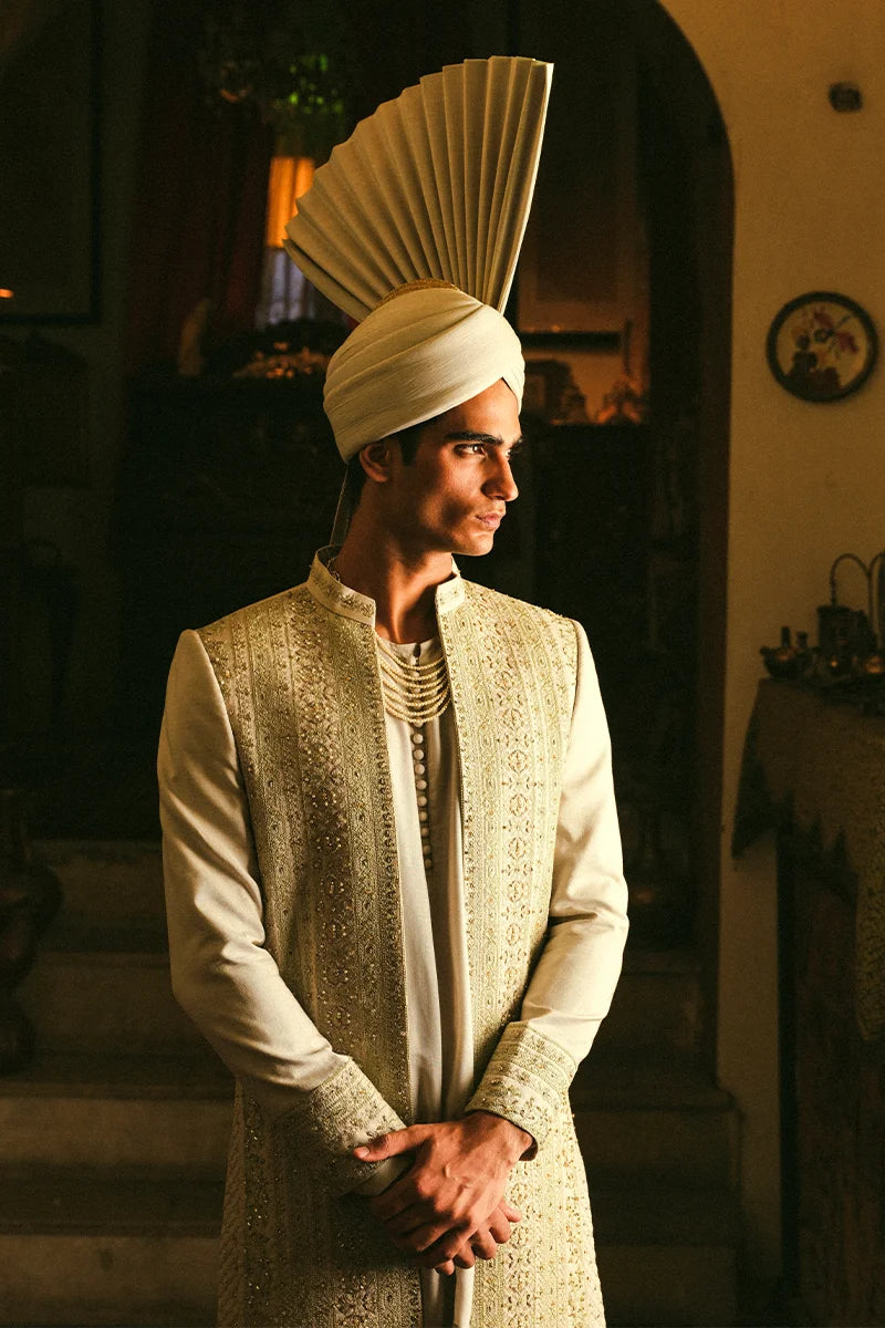 Off-White Embellished Silk-Blend Groom Sherwani (4-Piece) - Image 3