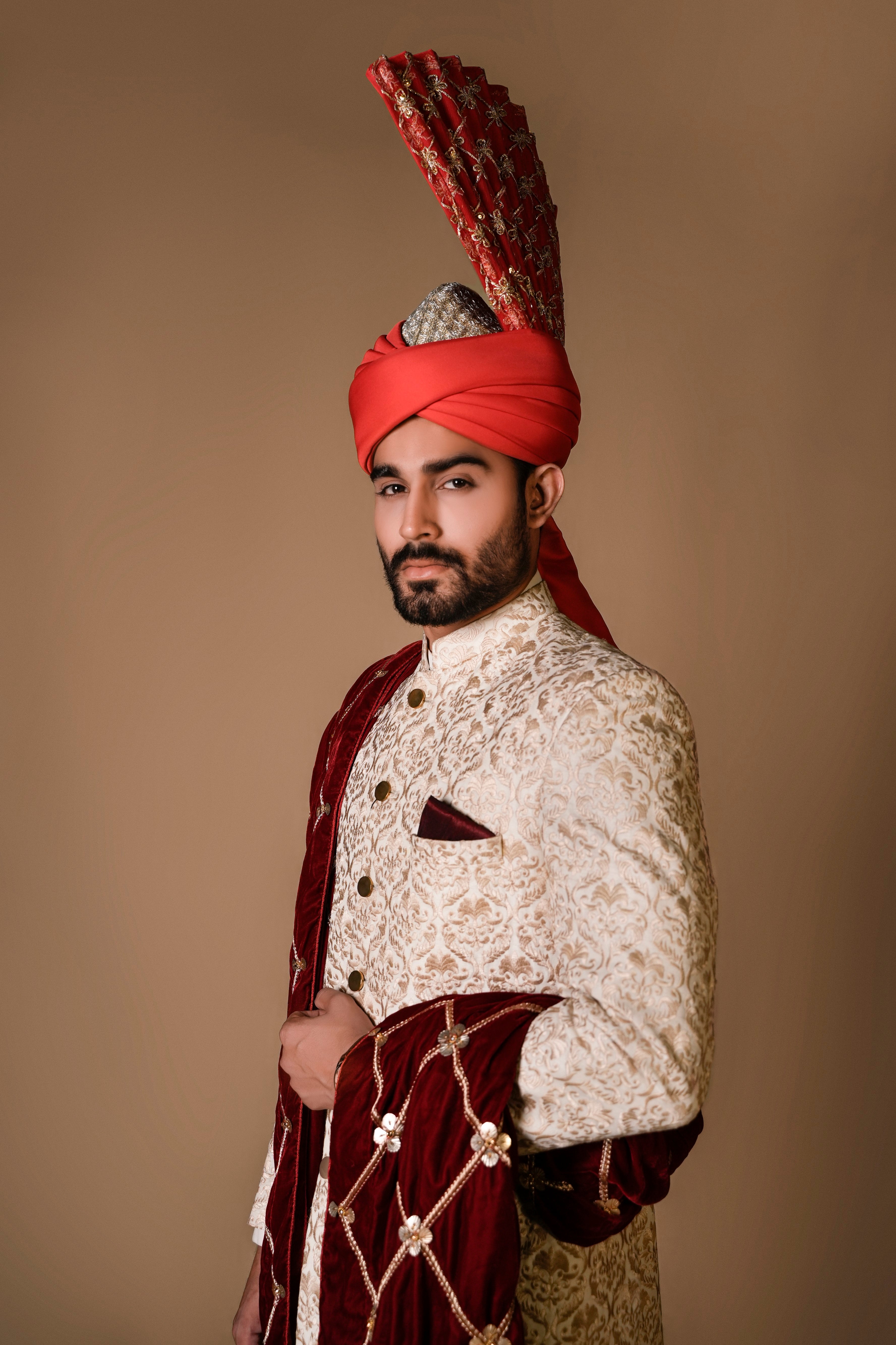 Ivory Gold Threadwork Silk Blend Sherwani (3-Piece) - Image 1