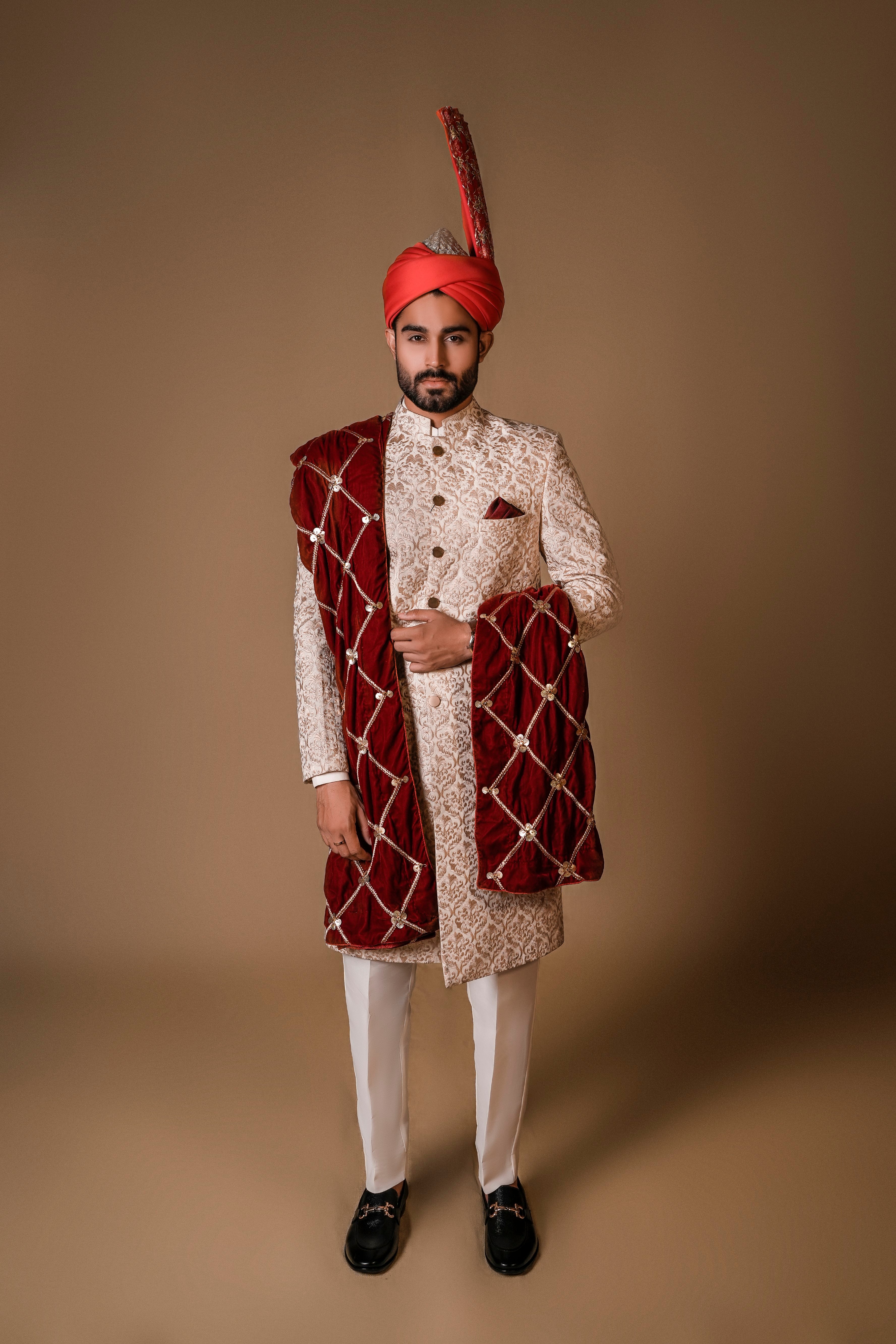 Ivory Gold Threadwork Silk Blend Sherwani (3-Piece) - Image 2