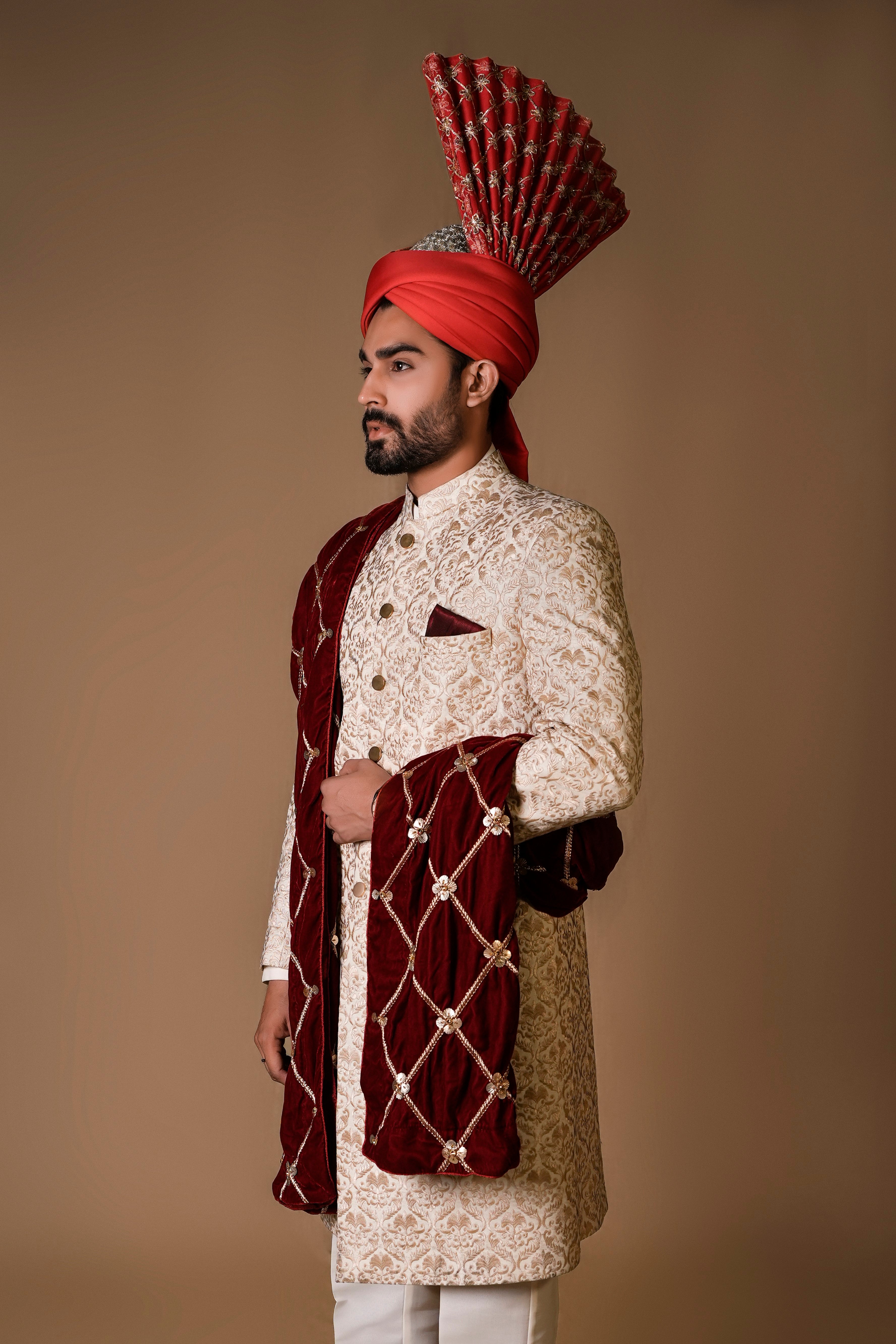 Ivory Gold Threadwork Silk Blend Sherwani (3-Piece) - Image 3