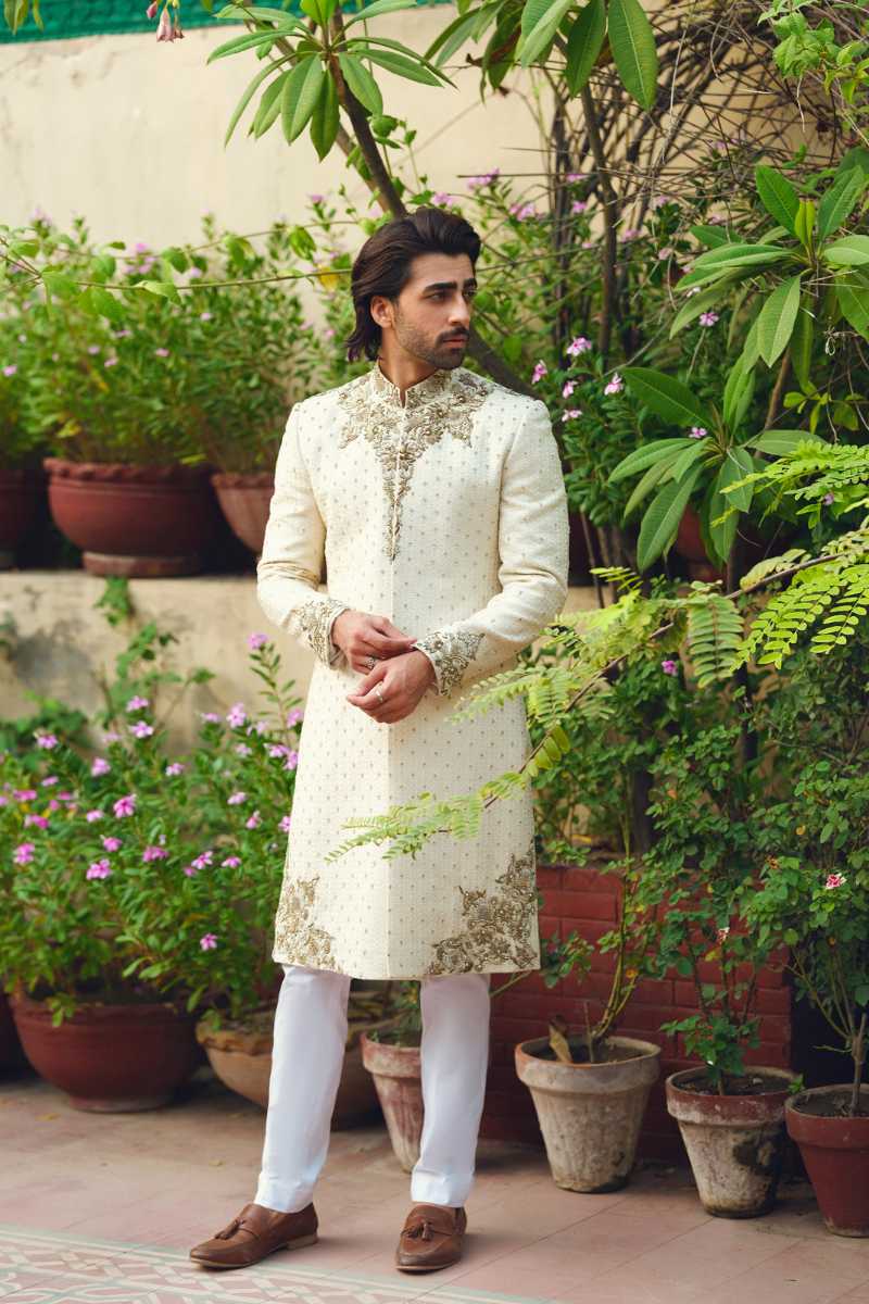 Off-White Gold Embroidered Silk-Blend Sherwani (2-Piece) - Image 1