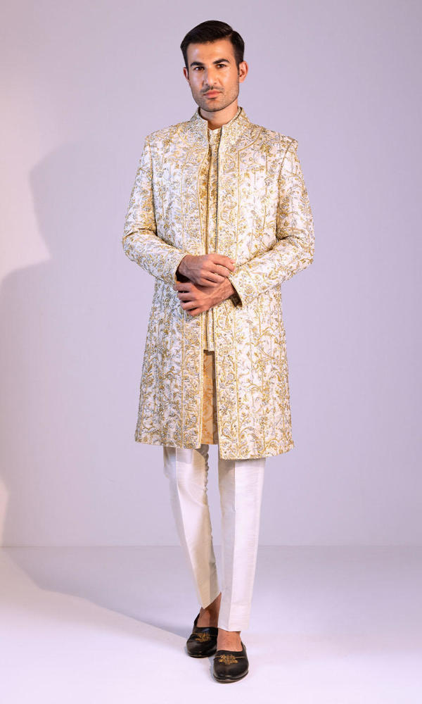 Ivory Embroidered Silk-Blend Groom Sherwani (3-Piece) - Image 2