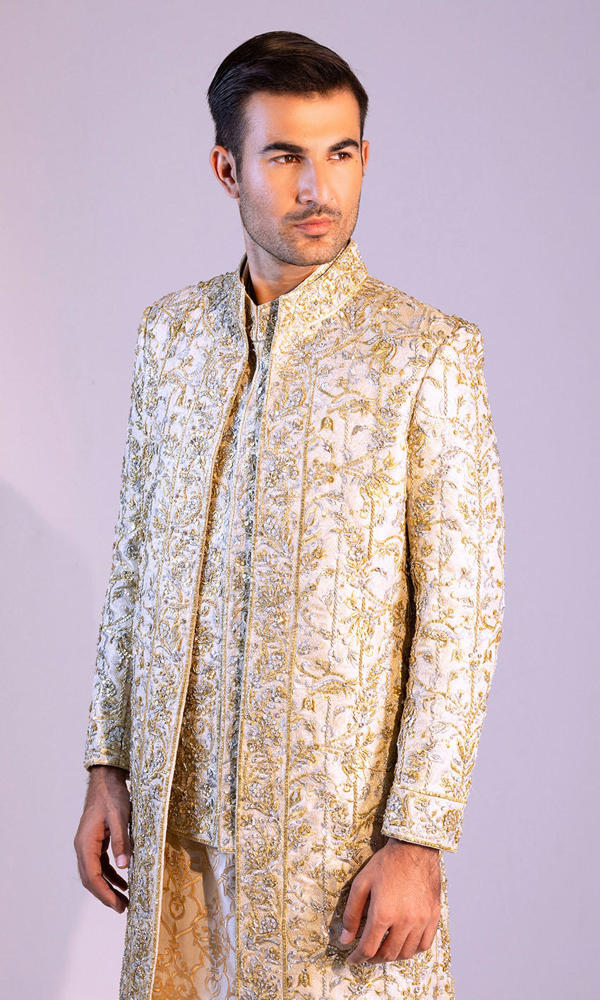 Ivory Embroidered Silk-Blend Groom Sherwani (3-Piece) - Image 3