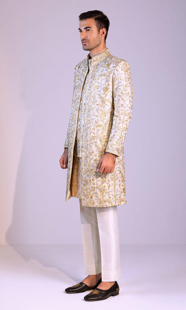 Ivory Embroidered Silk-Blend Groom Sherwani (3-Piece) - Image 4