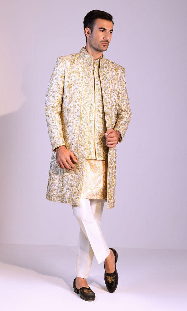 Ivory Embroidered Silk-Blend Groom Sherwani (3-Piece) - Image 5