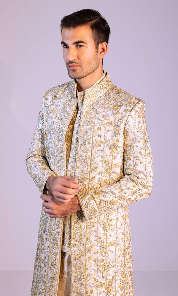 Ivory Embroidered Silk-Blend Groom Sherwani (3-Piece) - Image 6
