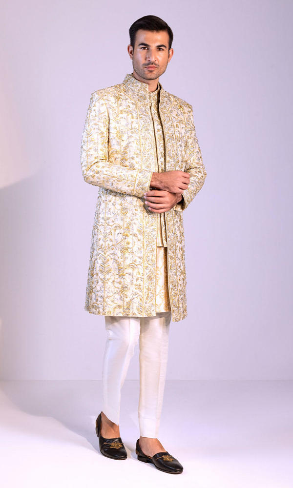 Ivory Embroidered Silk-Blend Groom Sherwani (3-Piece) - Image 7