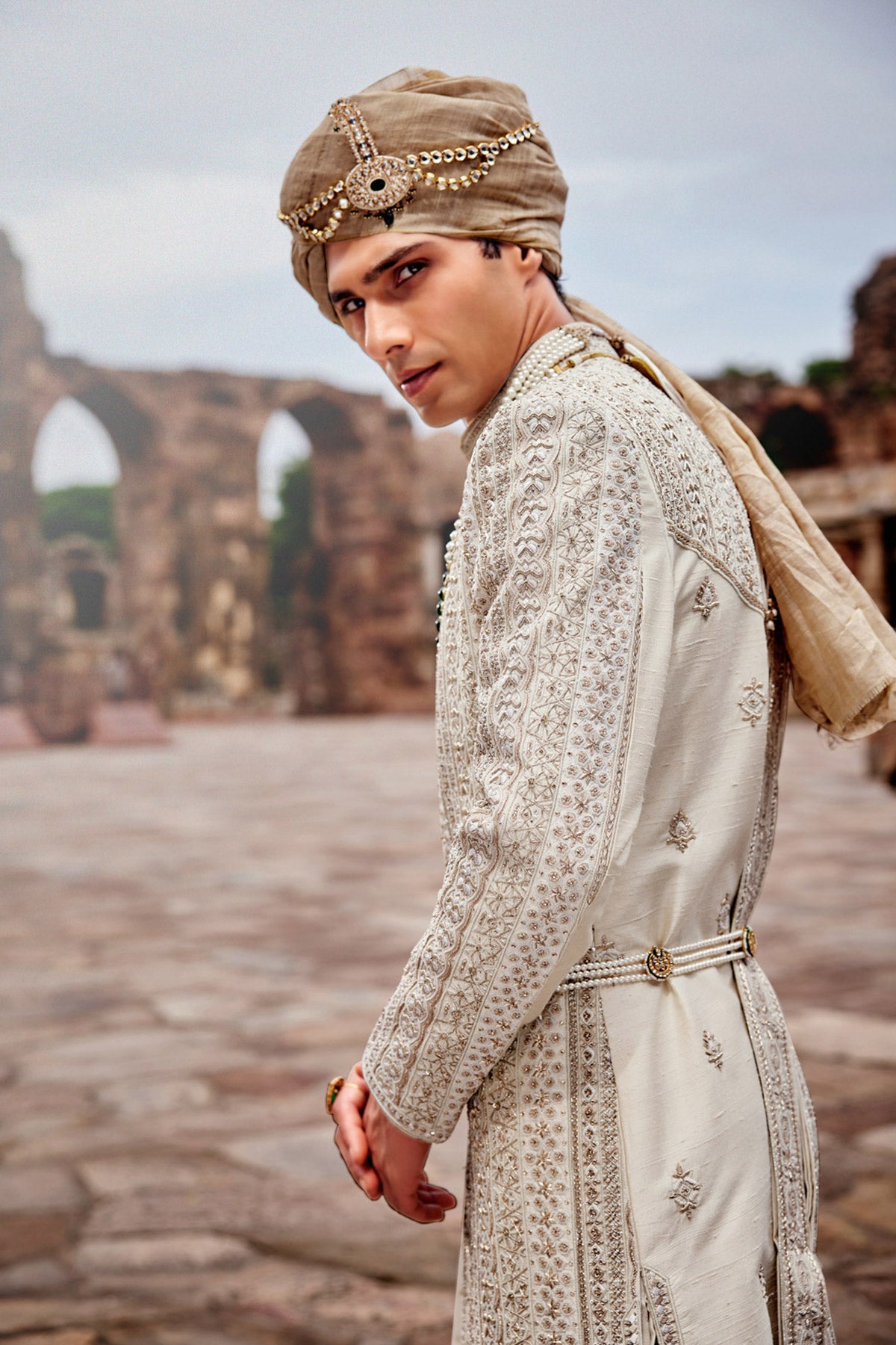 Cream Embroidered Silk Anarkali Sherwani (3-Piece) - Image 2