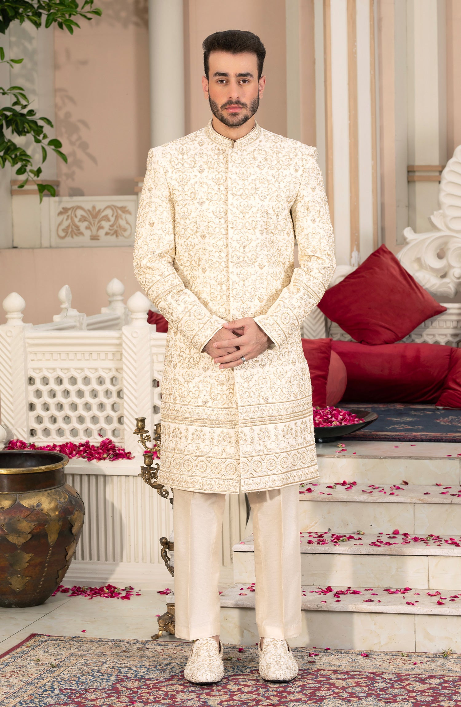Ivory Cream Embroidered Silk Sherwani (2-Piece) - Image 1
