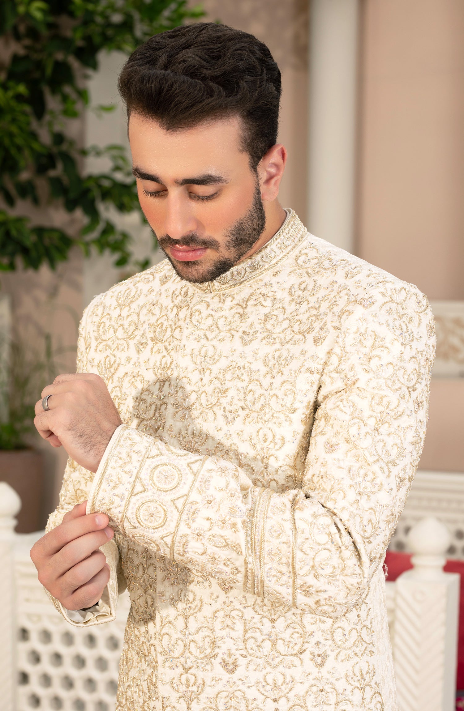 Ivory Cream Embroidered Silk Sherwani (2-Piece) - Image 2