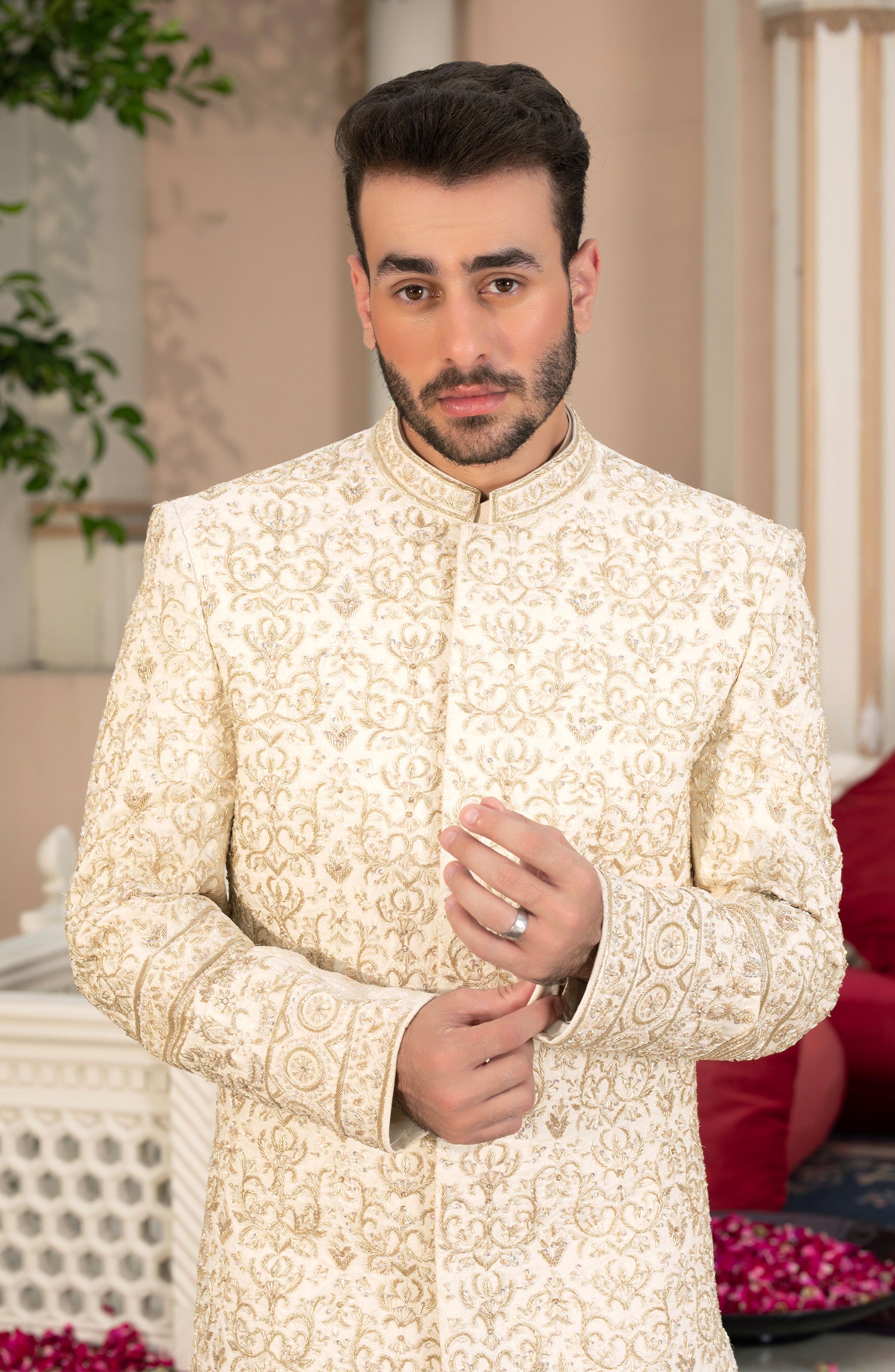Ivory Cream Embroidered Silk Sherwani (2-Piece) - Image 3