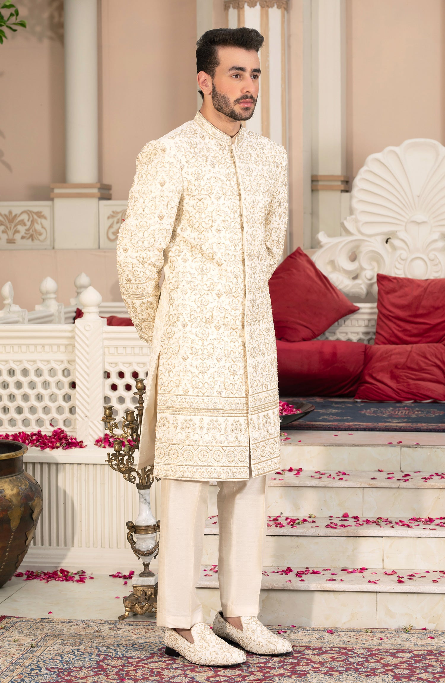 Ivory Cream Embroidered Silk Sherwani (2-Piece) - Image 4