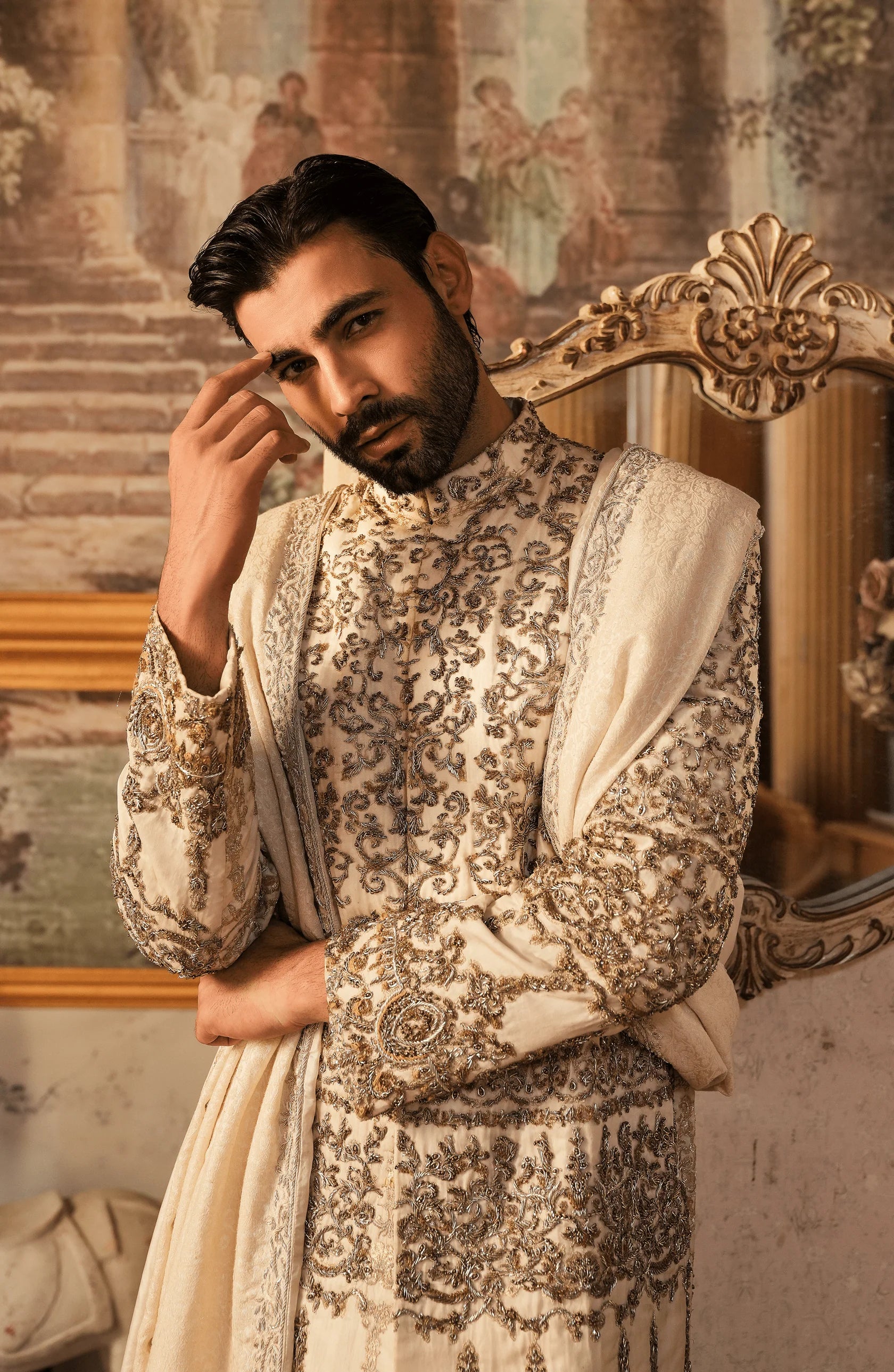 Ivory White Embroidered Silk Sherwani (4-Piece) - Image 1