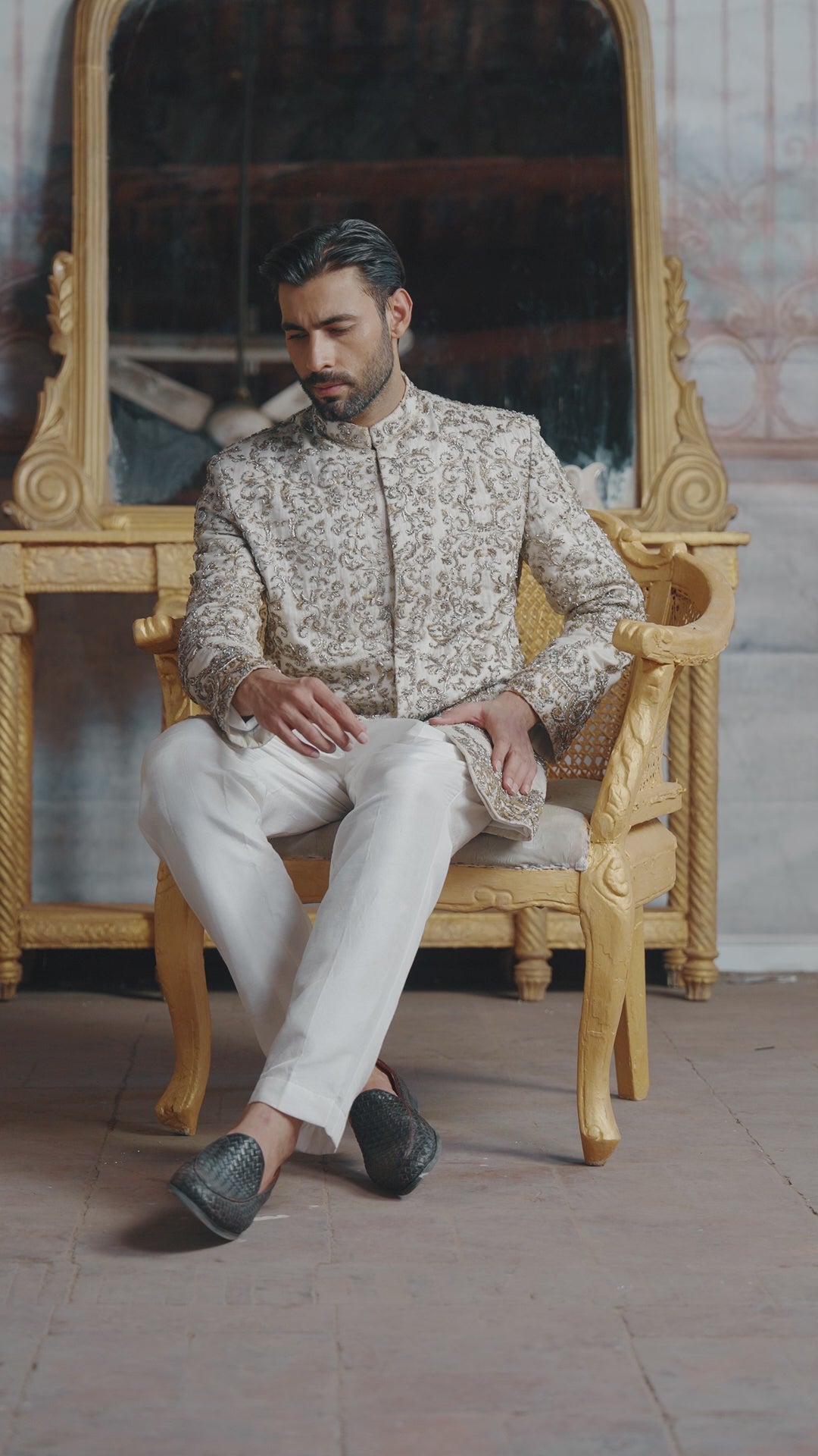 Ivory White Embroidered Silk Sherwani (4-Piece) - Image 10