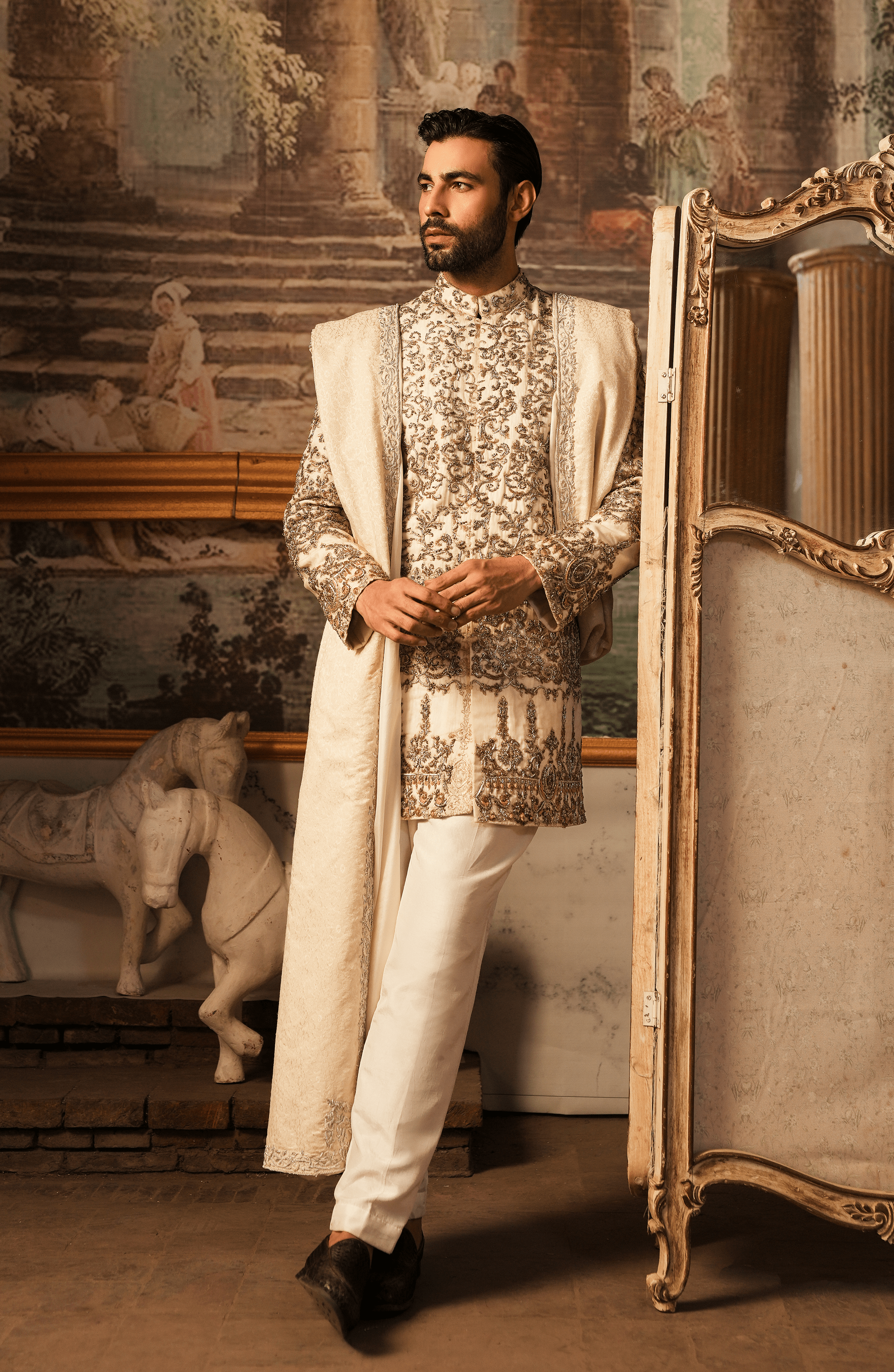 Ivory White Embroidered Silk Sherwani (4-Piece) - Image 2