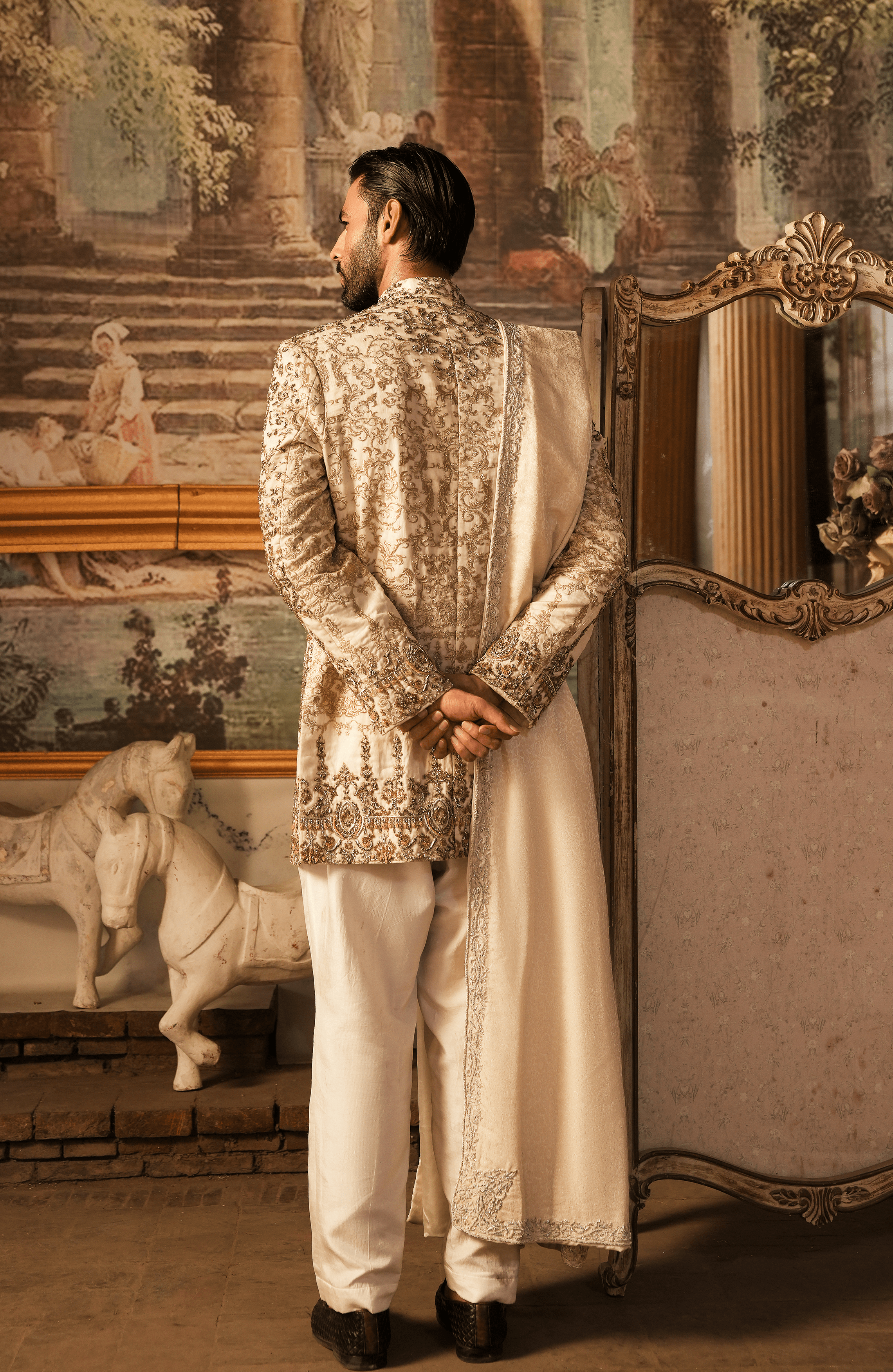 Ivory White Embroidered Silk Sherwani (4-Piece) - Image 3
