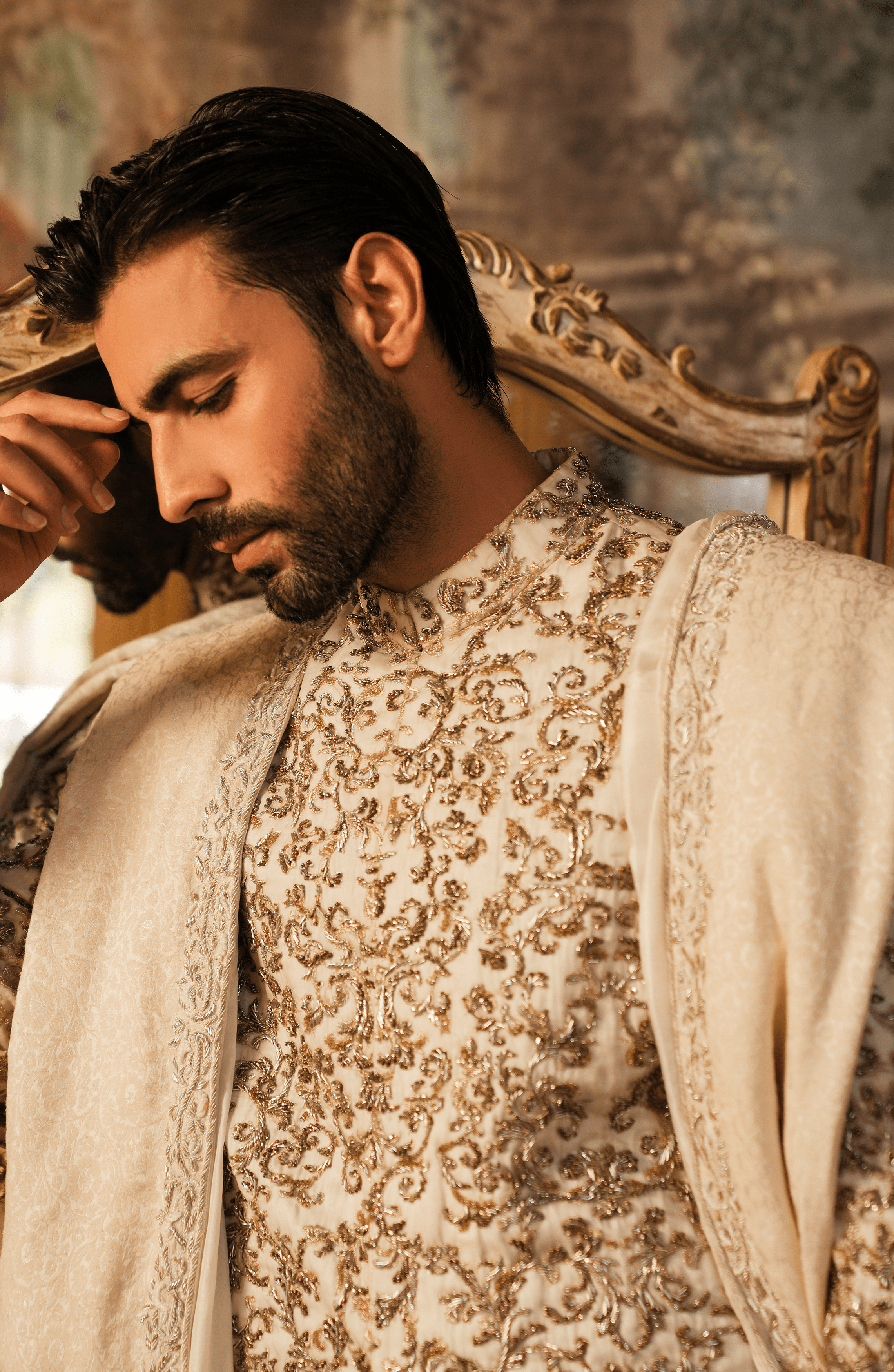 Ivory White Embroidered Silk Sherwani (4-Piece) - Image 4