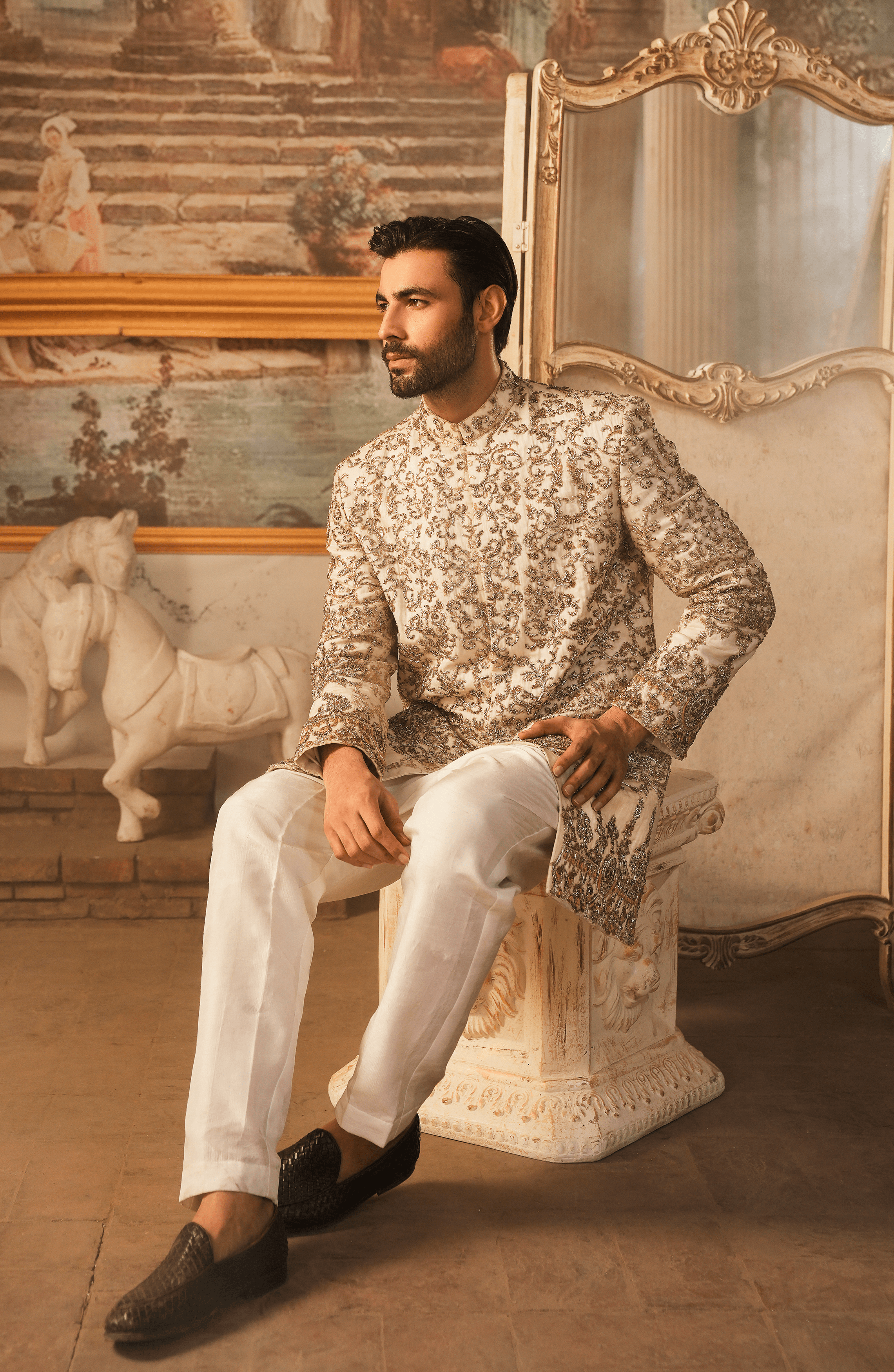 Ivory White Embroidered Silk Sherwani (4-Piece) - Image 6